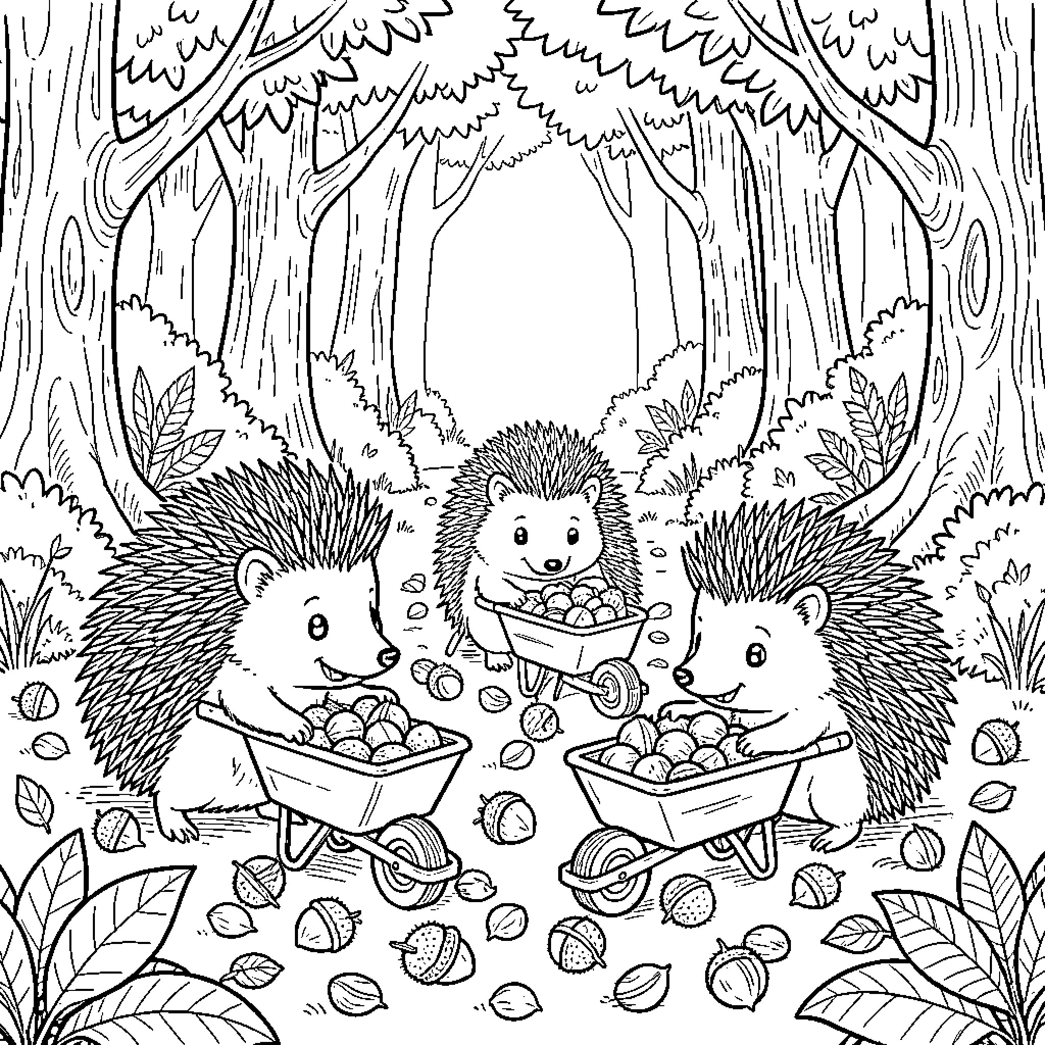Hedgehog friends pushing carts filled with acorns Coloring Page (free black-and-white line drawing printable PDF for all, from beginners to advanced learners, including children, teens, adults, and seniors)