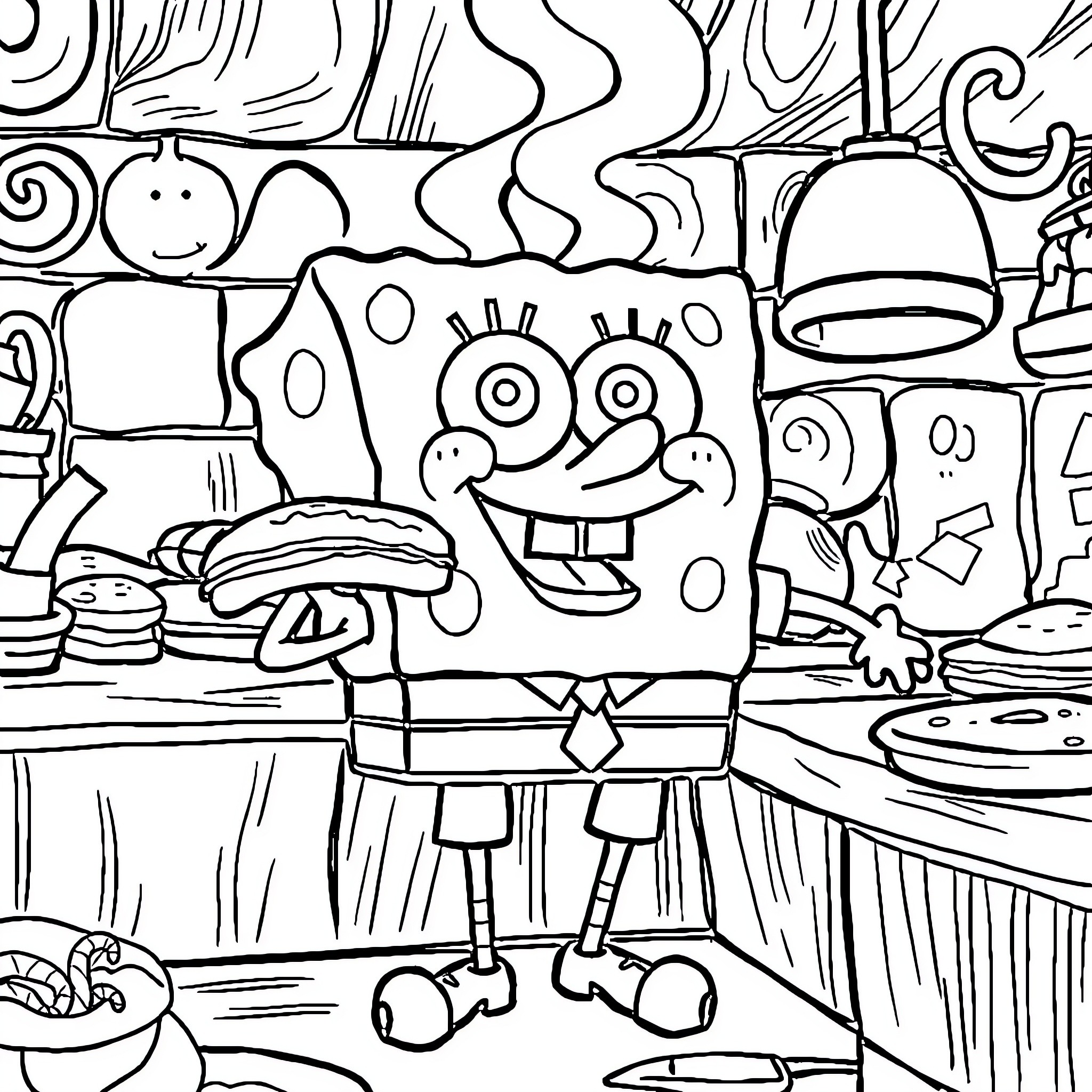 Spongebob's Crazy Kitchen Adventure Coloring Page (free black-and-white line drawing printable PDF for all, from beginners to advanced learners, including children, teens, adults, and seniors)