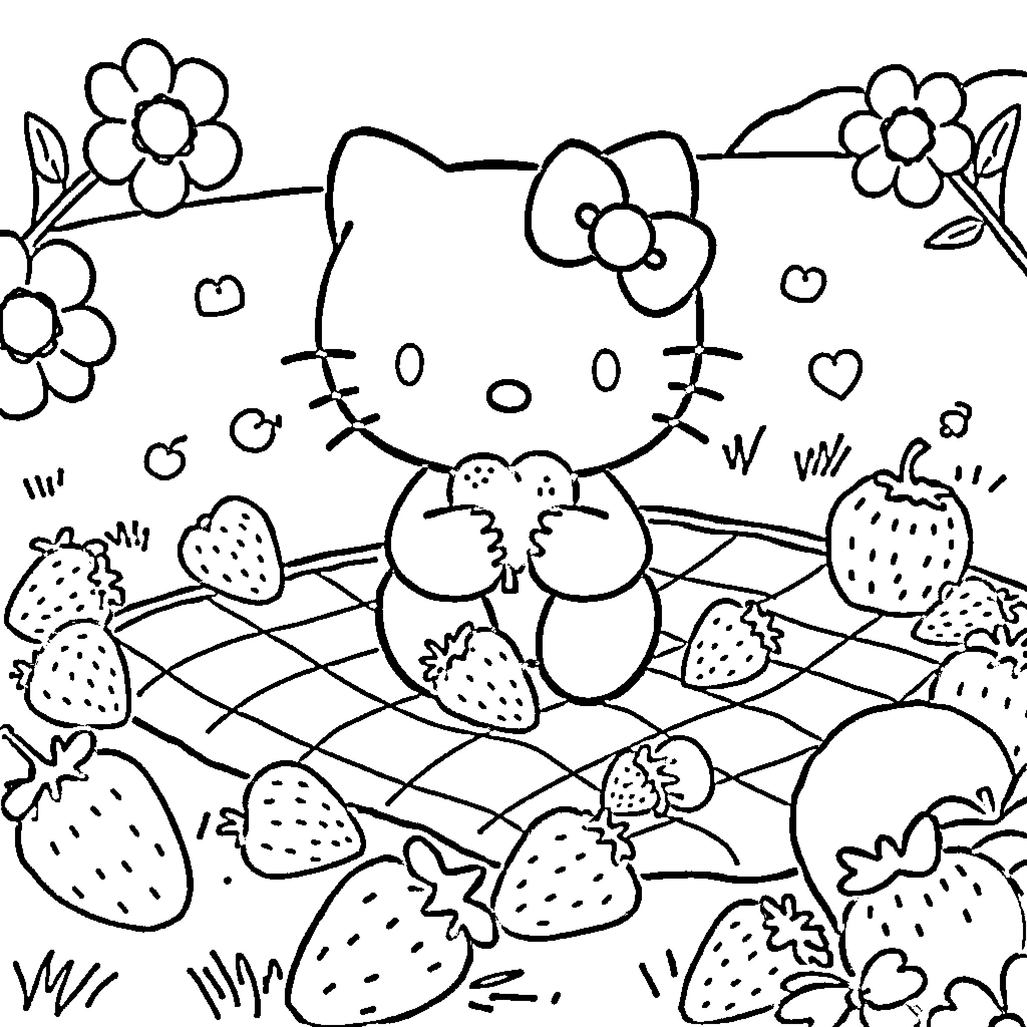 Hello Kitty picking strawberries in a floral garden Coloring Page (free black-and-white line drawing printable PDF for all, from beginners to advanced learners, including children, teens, adults, and seniors)