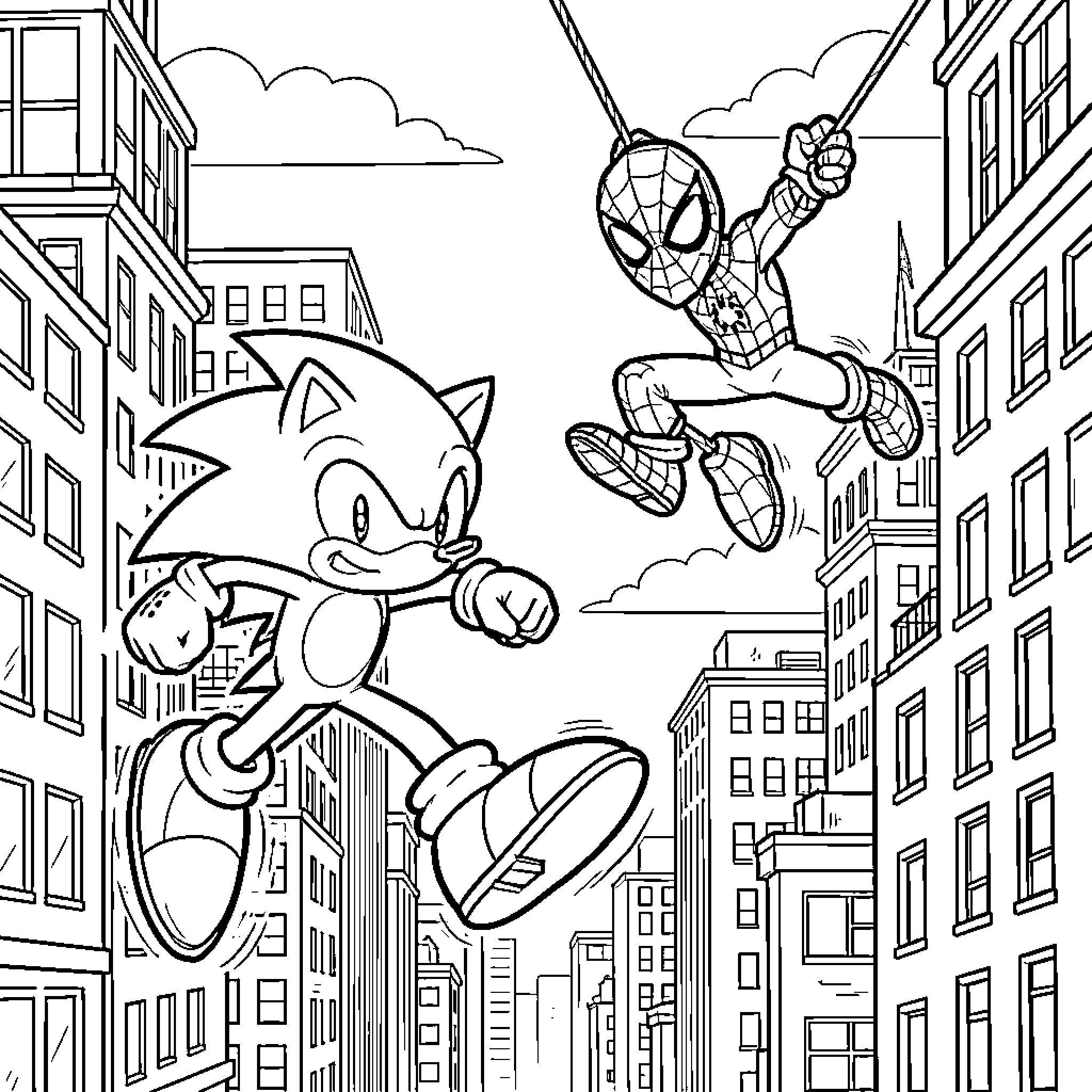 Sonic running fast while Spider-Man swings through city buildings Coloring Page (free black-and-white line drawing printable PDF for all, from beginners to advanced learners, including children, teens, adults, and seniors)