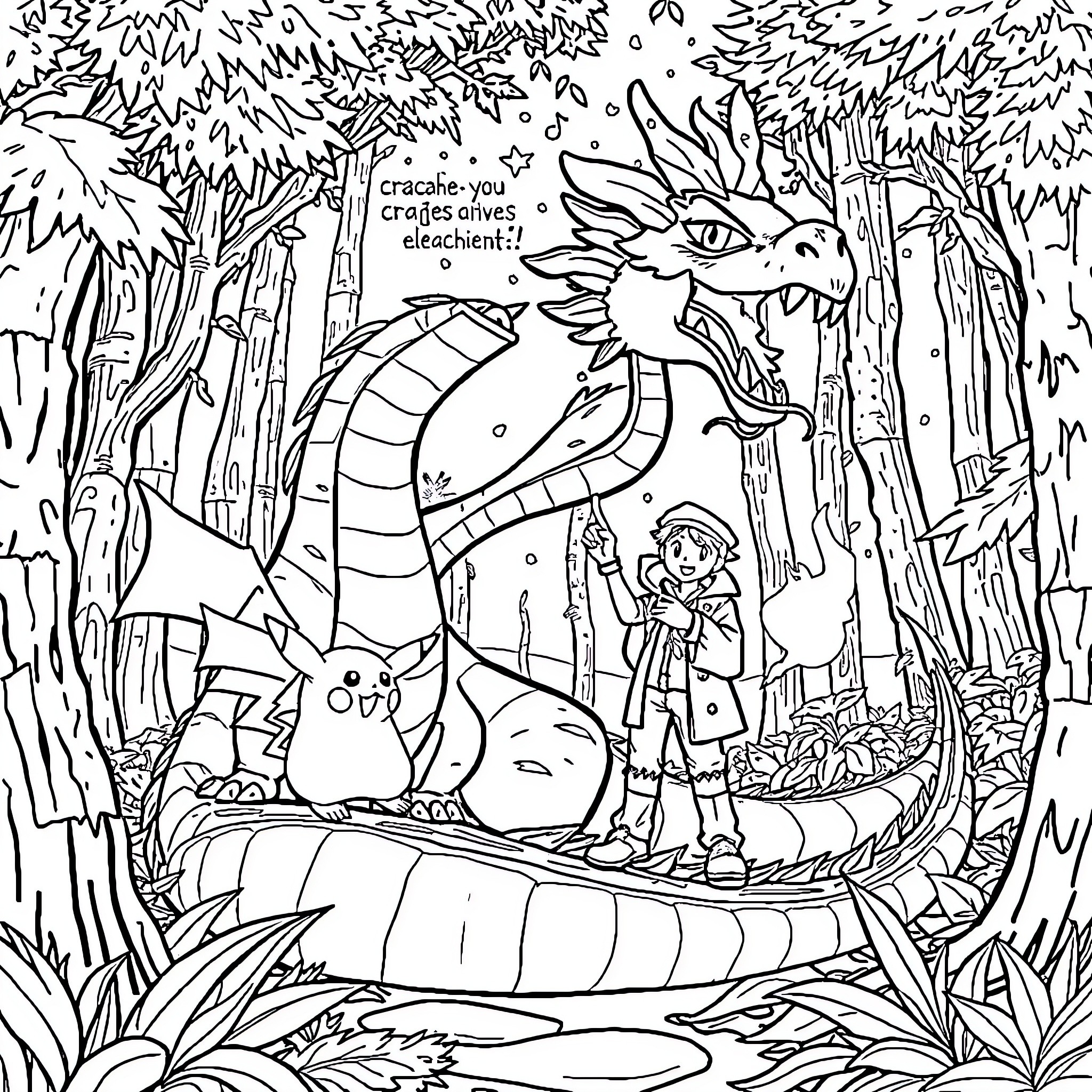 Dracofeu interacting with a young adventurer in a fantastical forest Coloring Page (free black-and-white line drawing printable PDF for all, from beginners to advanced learners, including children, teens, adults, and seniors)