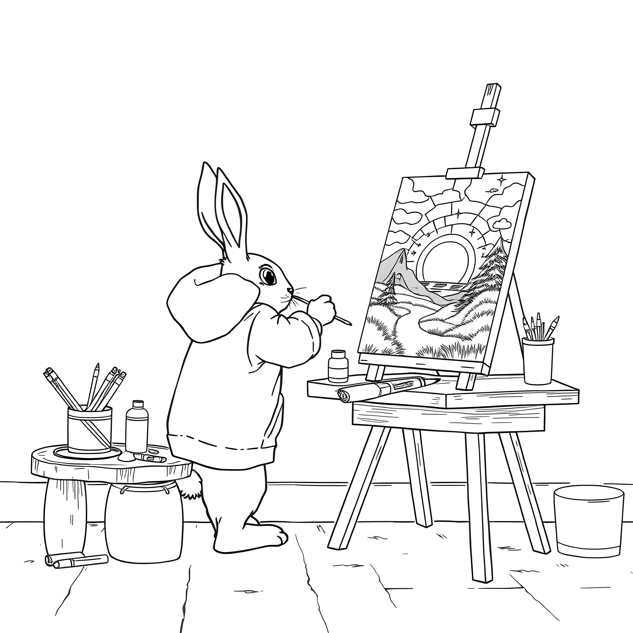 Bunny painting a landscape on an easel Coloring Page (free black-and-white line drawing printable PDF for all, from beginners to advanced learners, including children, teens, adults, and seniors)