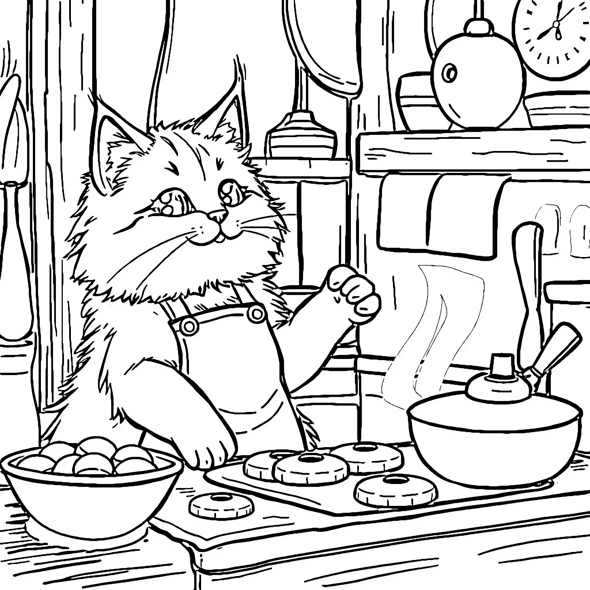 Cat baking cookies in the kitchen Coloring Page (free black-and-white line drawing printable PDF for all, from beginners to advanced learners, including children, teens, adults, and seniors)