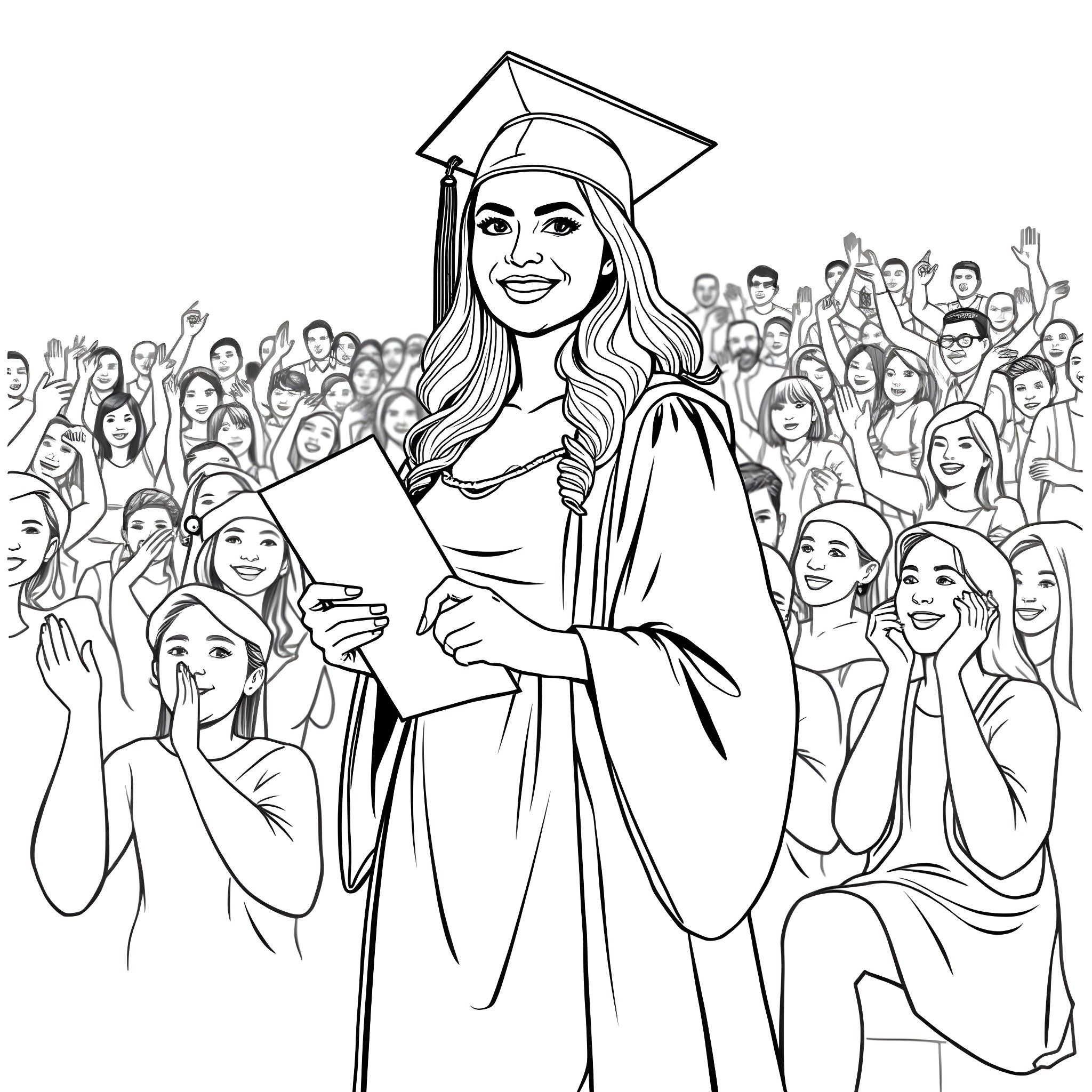 Woman celebrates graduation with joyful crowd Coloring Page (free black-and-white line drawing printable PDF for all, from beginners to advanced learners, including children, teens, adults, and seniors)