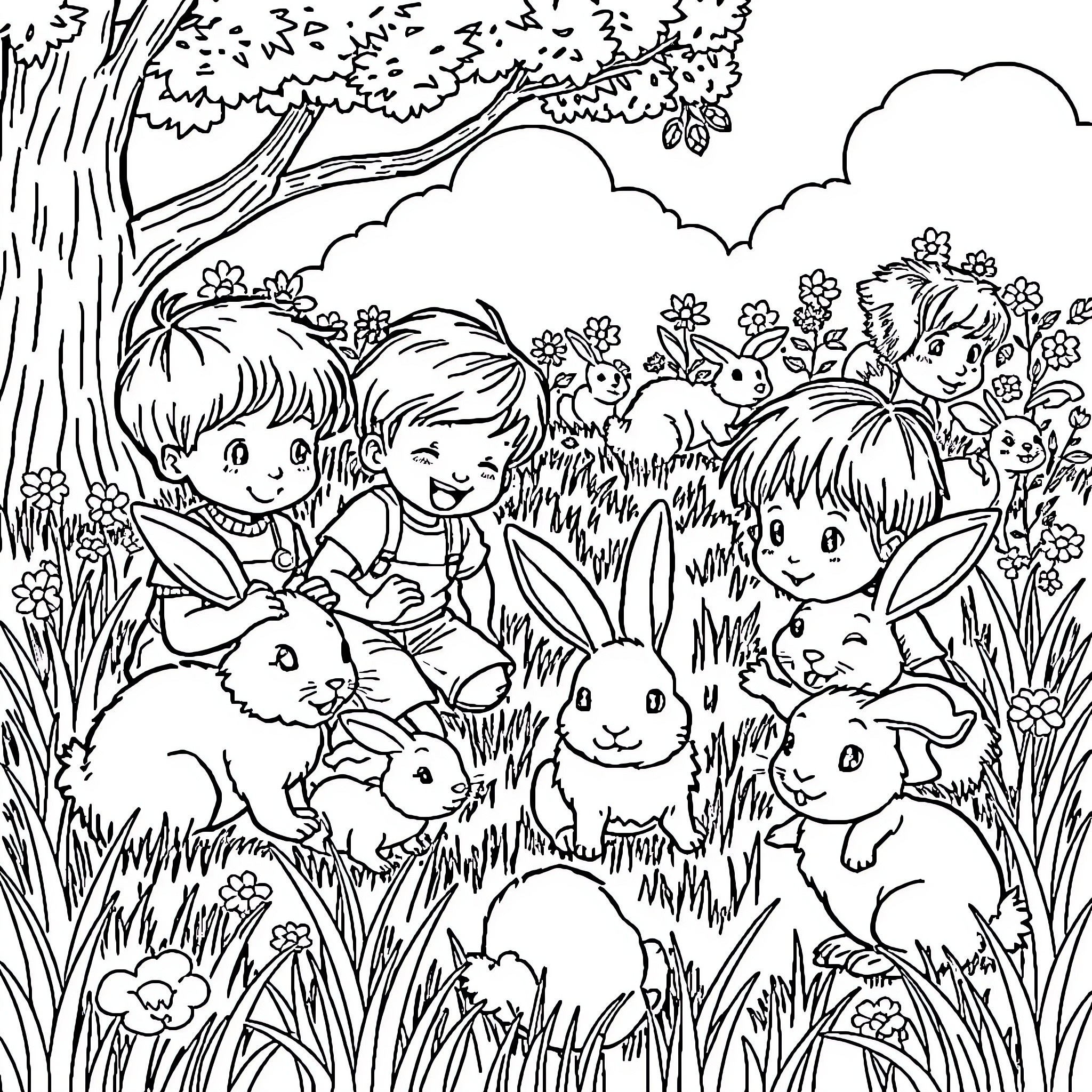 Child interacting with bunnies in nature Coloring Page (free black-and-white line drawing printable PDF for all, from beginners to advanced learners, including children, teens, adults, and seniors)