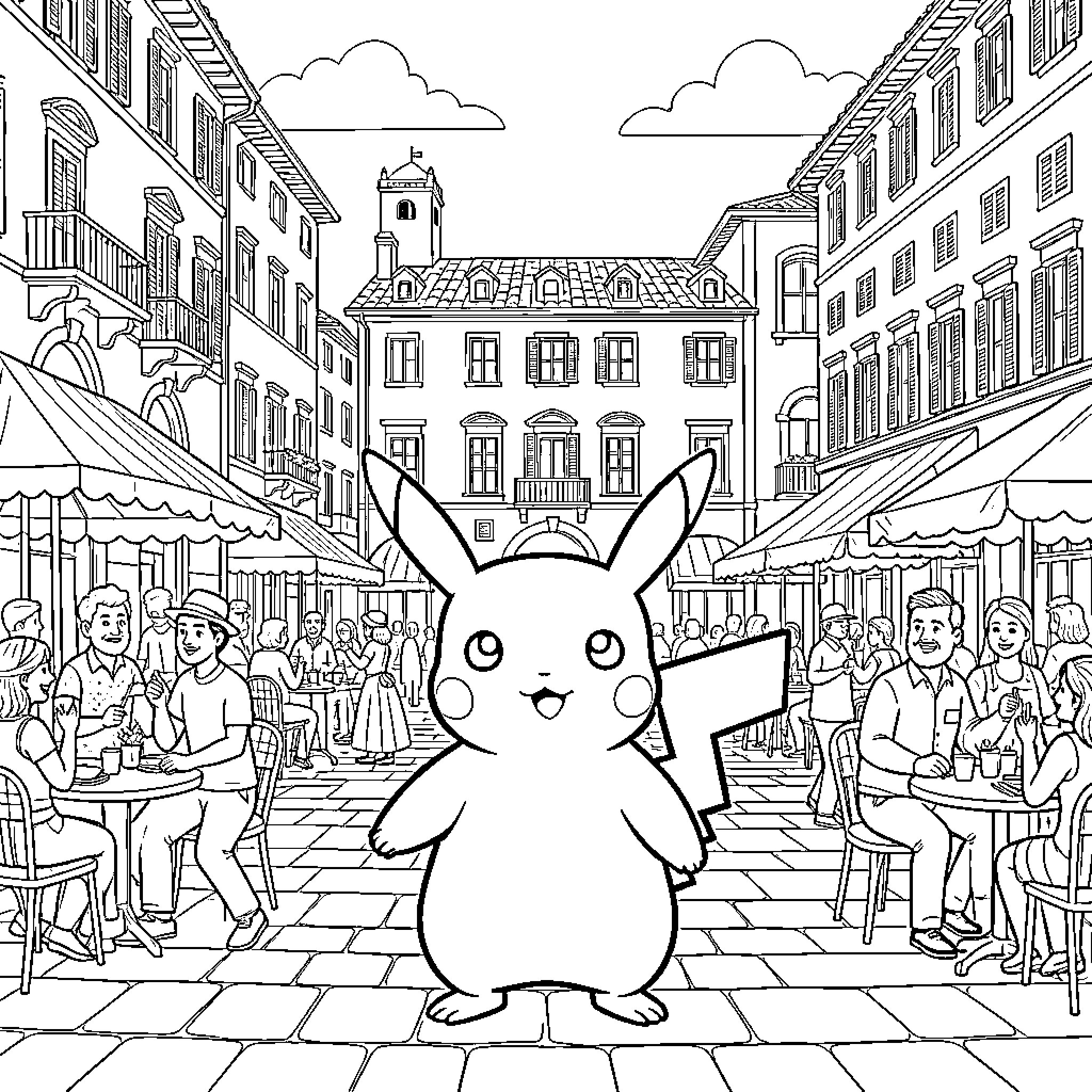 Pikachu standing happily in a bustling town square Coloring Page (free black-and-white line drawing printable PDF for all, from beginners to advanced learners, including children, teens, adults, and seniors)