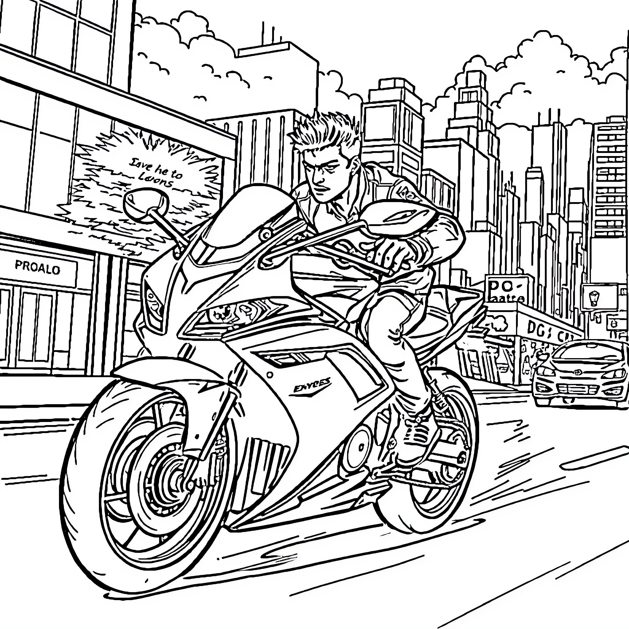 Guy riding motorcycle through busy city streets Coloring Page (free black-and-white line drawing printable PDF for all, from beginners to advanced learners, including children, teens, adults, and seniors)