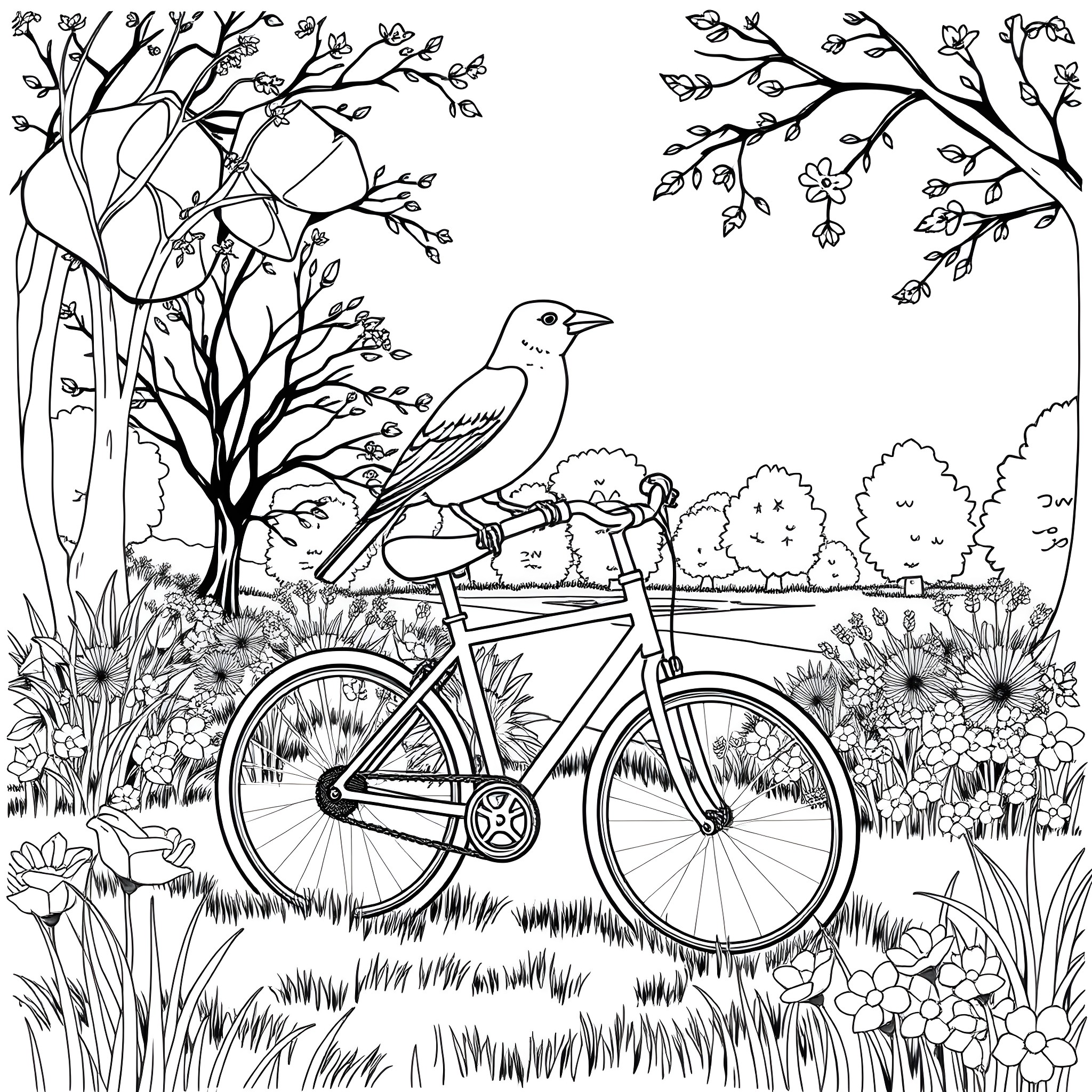 Frog riding a bicycle through a floral garden Coloring Page (free black-and-white line drawing printable PDF for all, from beginners to advanced learners, including children, teens, adults, and seniors)