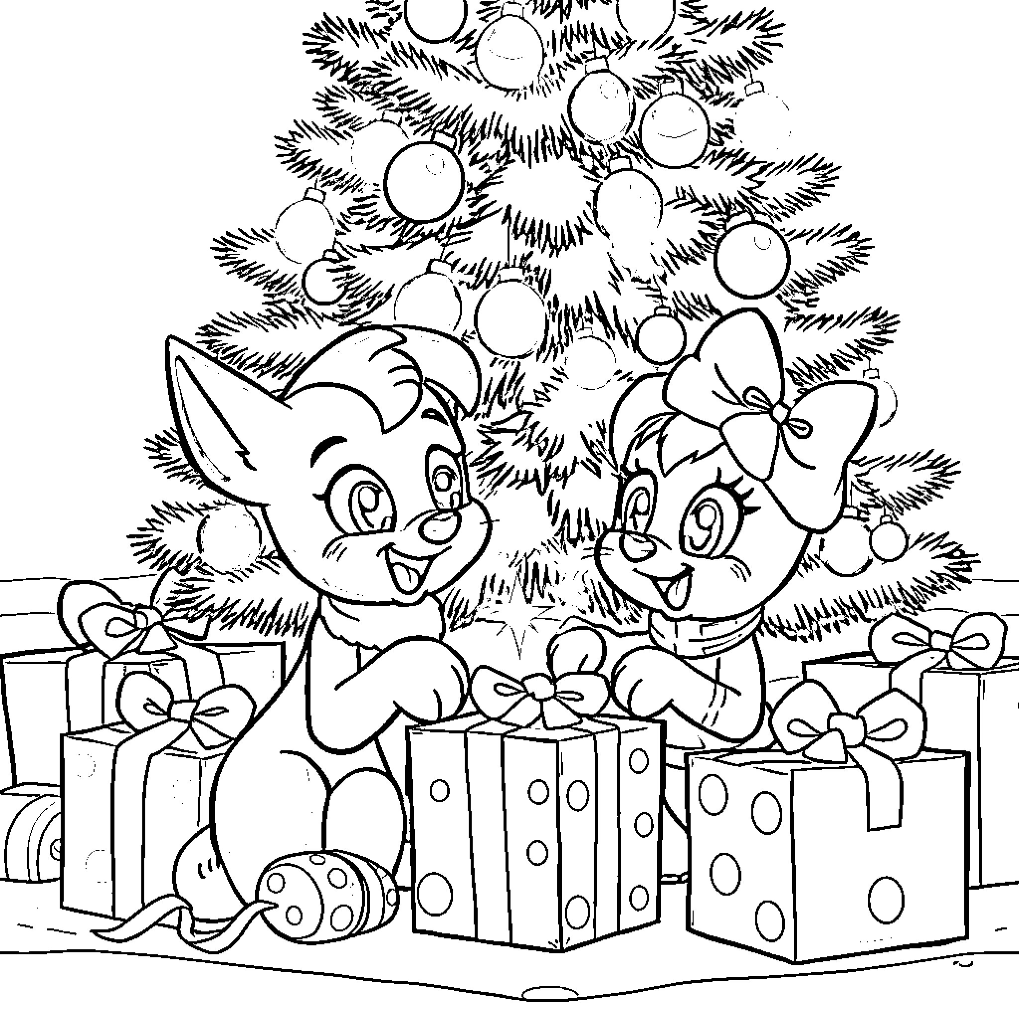 Bluey and Friends Celebrate Christmas with Gifts and Tree Coloring Page (free black-and-white line drawing printable PDF for all, from beginners to advanced learners, including children, teens, adults, and seniors)