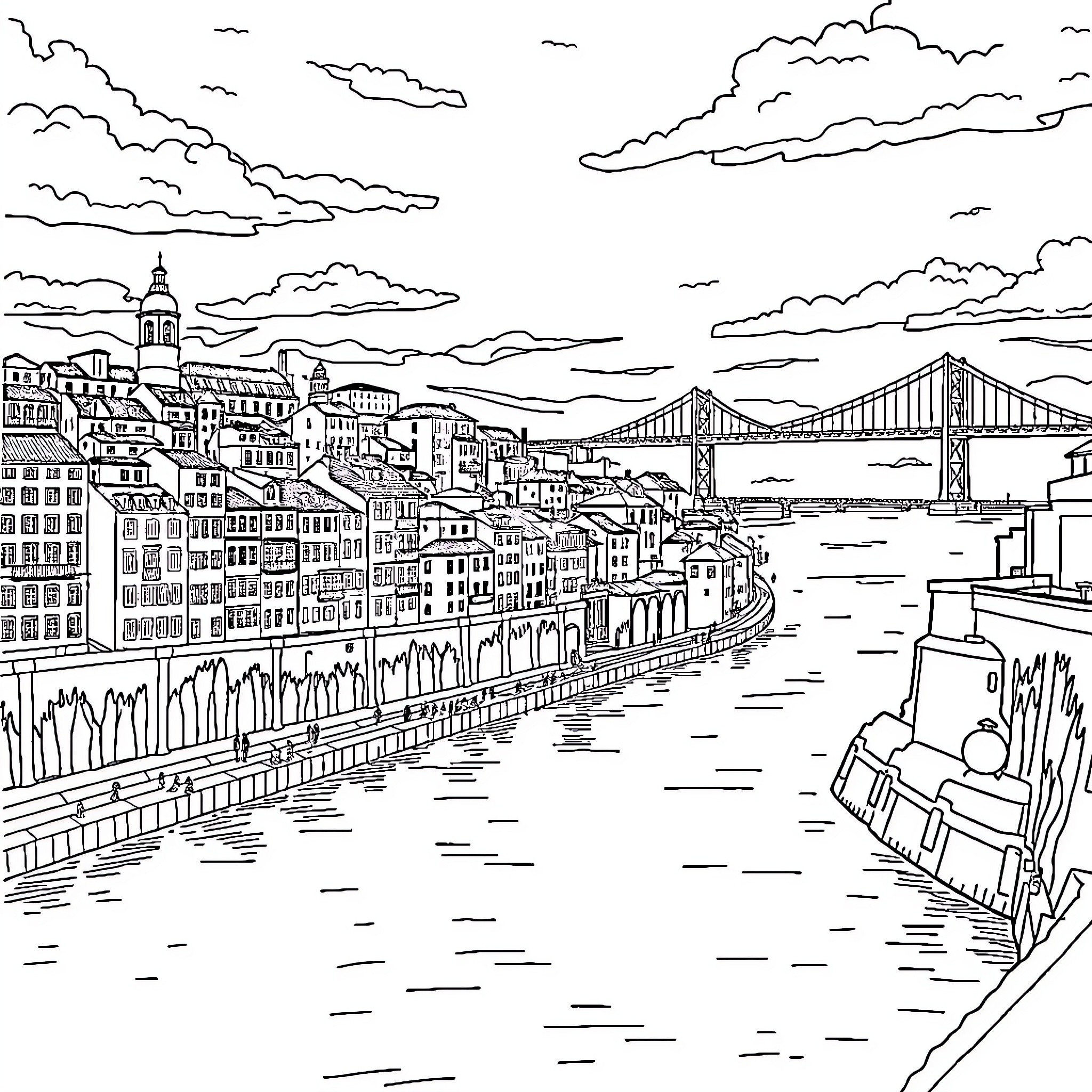 Porto cityscape with historical architecture and bridge Coloring Page (free black-and-white line drawing printable PDF for all, from beginners to advanced learners, including children, teens, adults, and seniors)