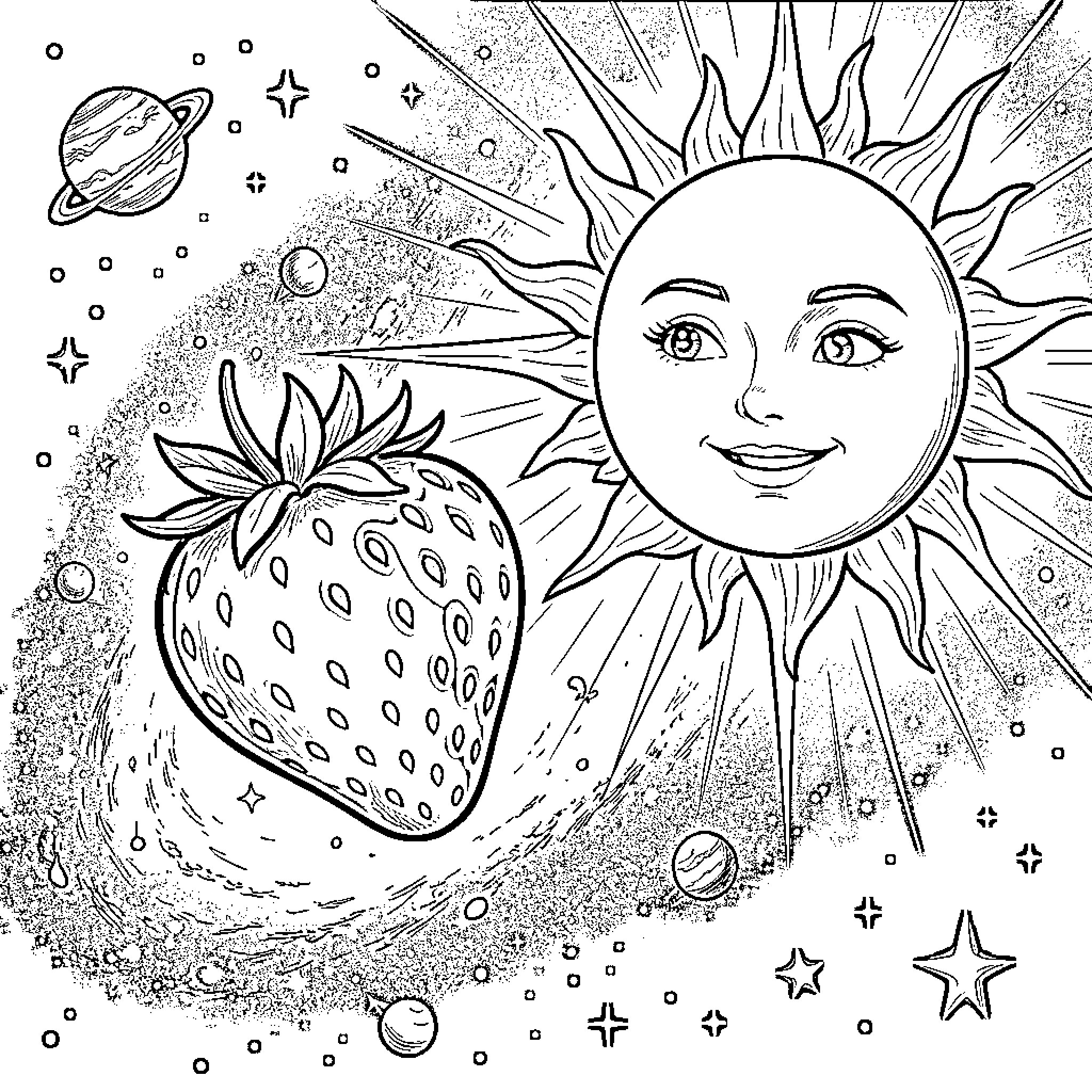 Fresa's Cosmic Delight: Sun, Strawberry, and Celestial Splendor Coloring Page (free black-and-white line drawing printable PDF for all, from beginners to advanced learners, including children, teens, adults, and seniors)
