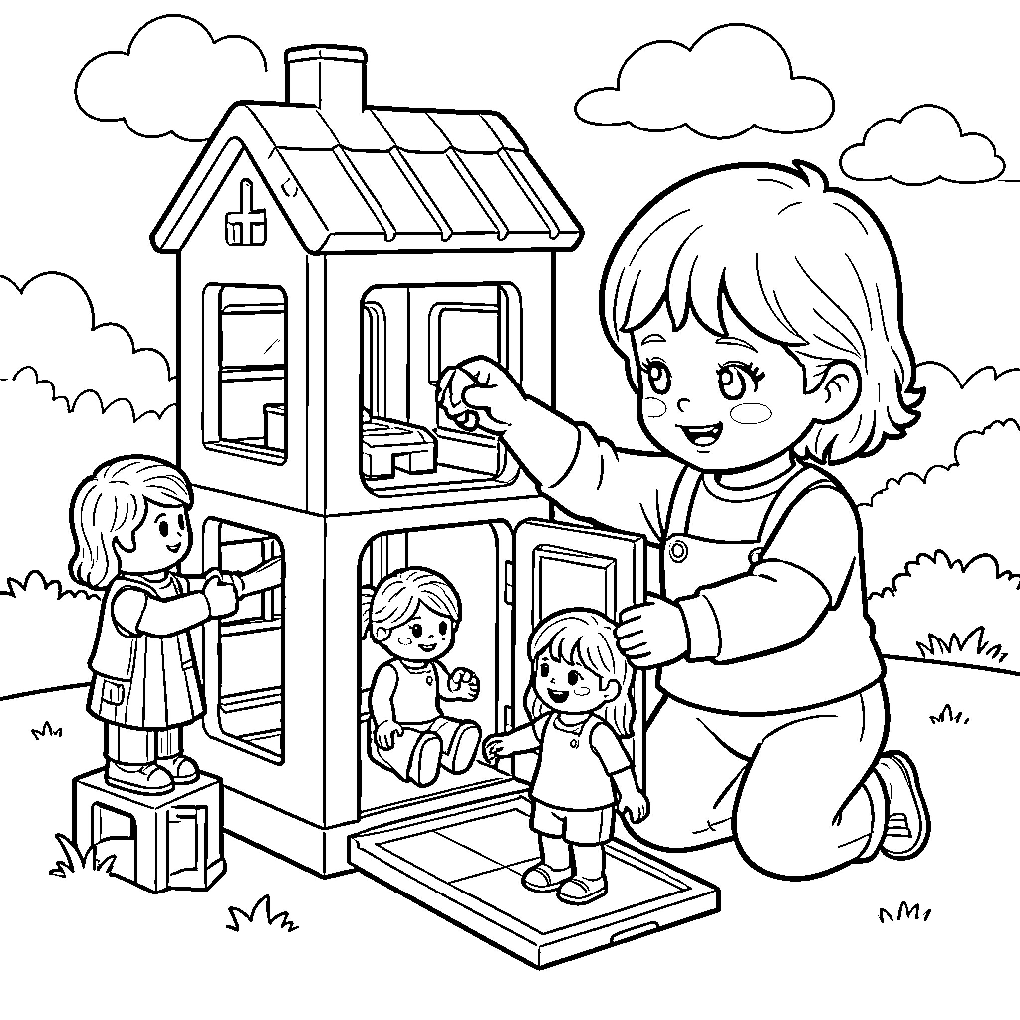 Fille playing with dolls and a toy house Coloring Page (free black-and-white line drawing printable PDF for all, from beginners to advanced learners, including children, teens, adults, and seniors)