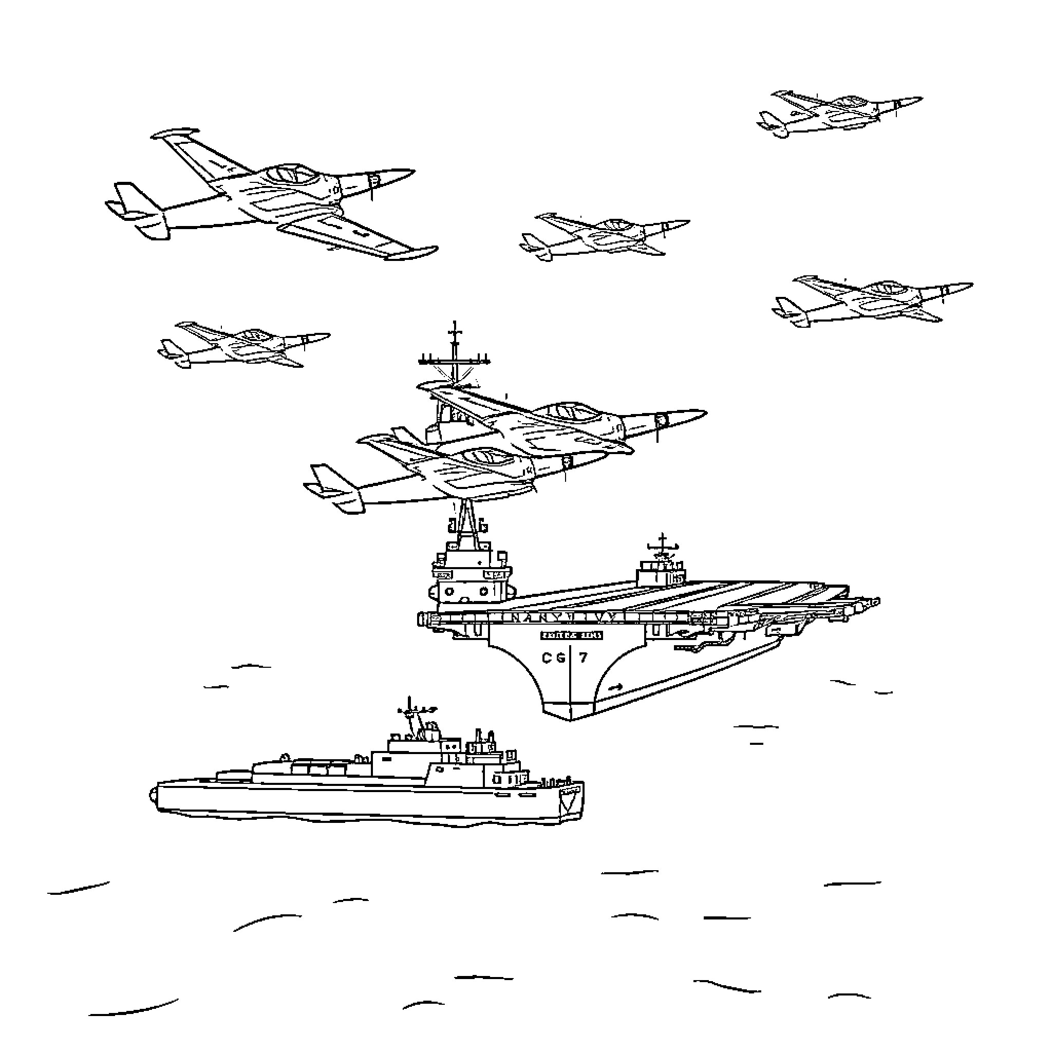 Navy Plane Aircraft Carrier Warship Sketch Coloring Page (free black-and-white line drawing printable PDF for all, from beginners to advanced learners, including children, teens, adults, and seniors)