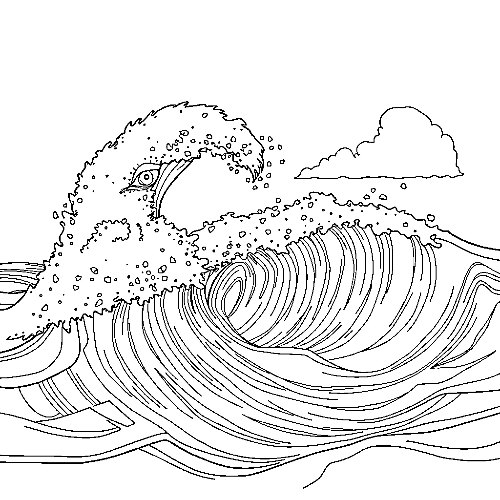 Whale riding majestic ocean waves Coloring Page (free black-and-white line drawing printable PDF for all, from beginners to advanced learners, including children, teens, adults, and seniors)