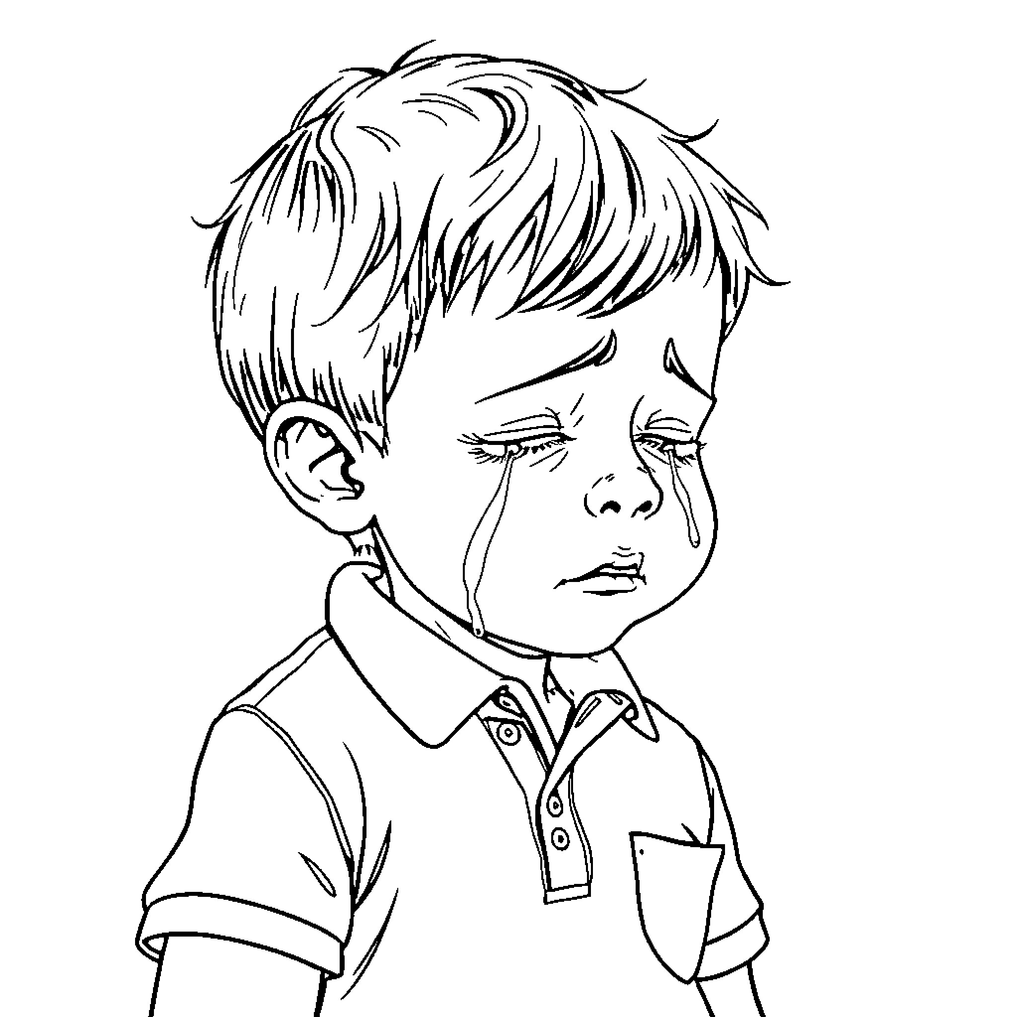 Kid upset and shedding tears in school uniform Coloring Page (free black-and-white line drawing printable PDF for all, from beginners to advanced learners, including children, teens, adults, and seniors)