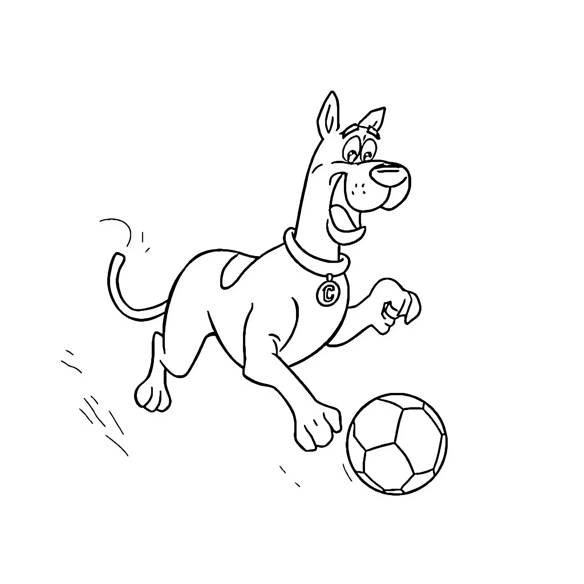 Scooby Doo playing with a soccer ball Coloring Page (free black-and-white line drawing printable PDF for all, from beginners to advanced learners, including children, teens, adults, and seniors)