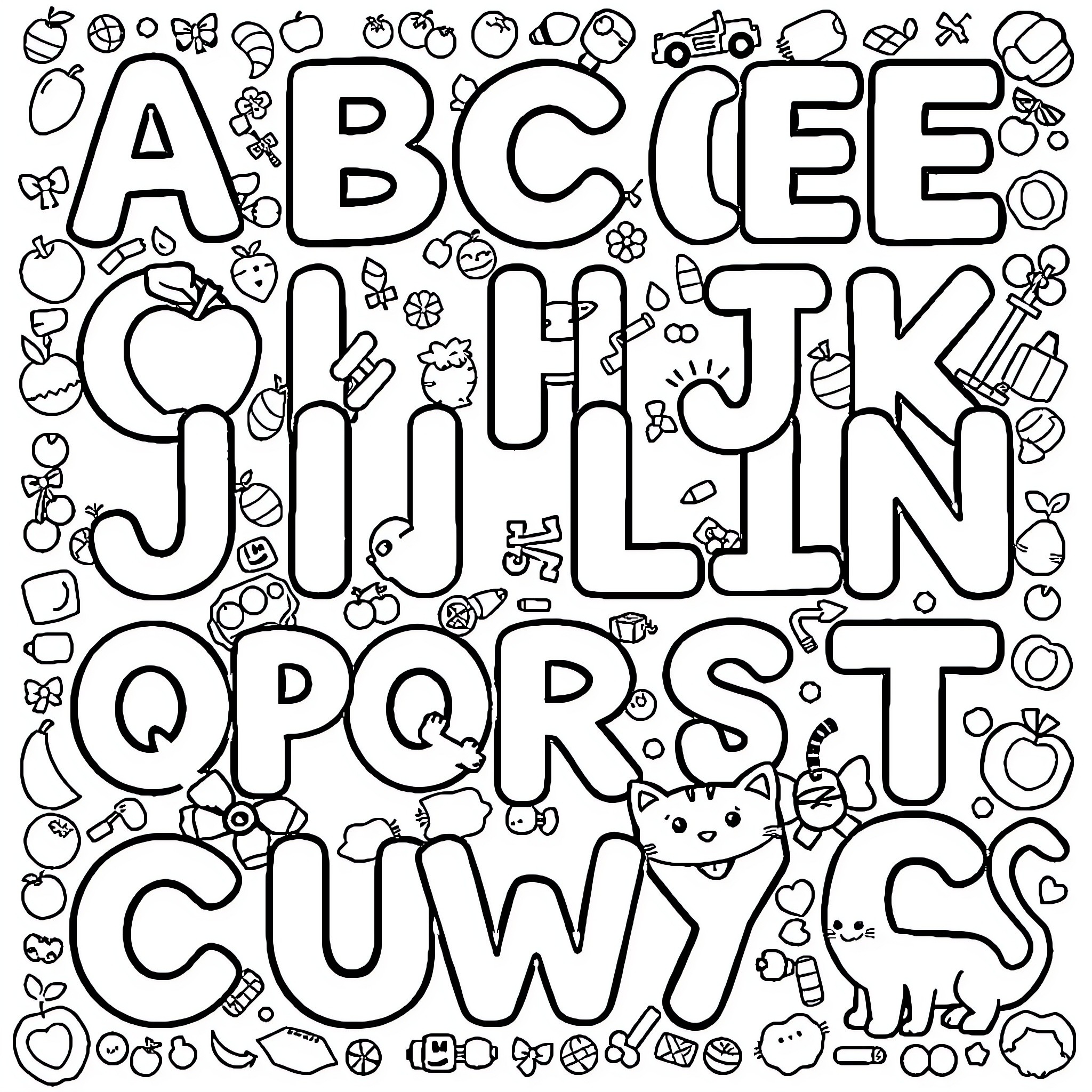Alphabet of Various Objects and Shapes Coloring Page (free black-and-white line drawing printable PDF for all, from beginners to advanced learners, including children, teens, adults, and seniors)