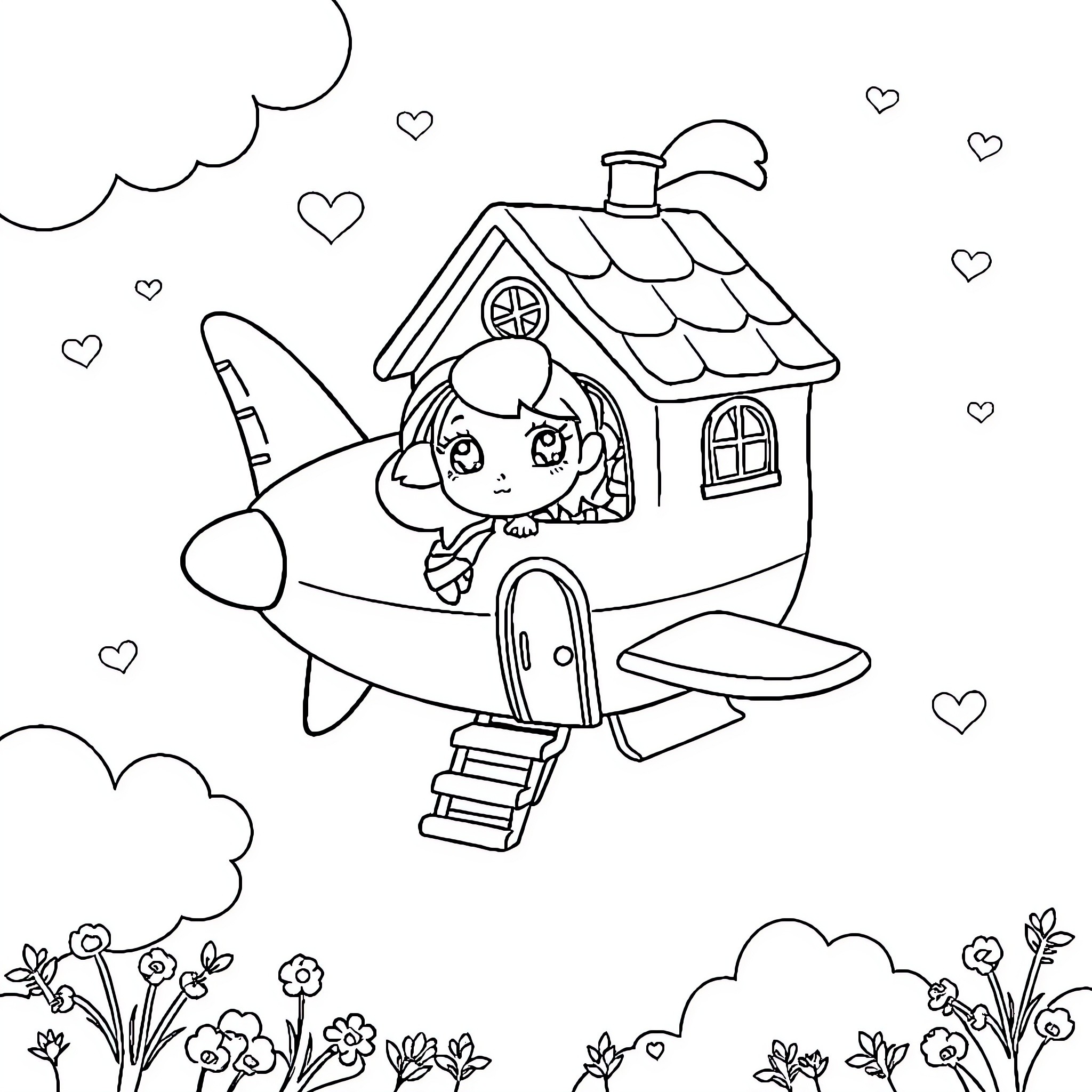Gabby's Magical Adventure in a Cozy House-Shaped Airplane Coloring Page (free black-and-white line drawing printable PDF for all, from beginners to advanced learners, including children, teens, adults, and seniors)