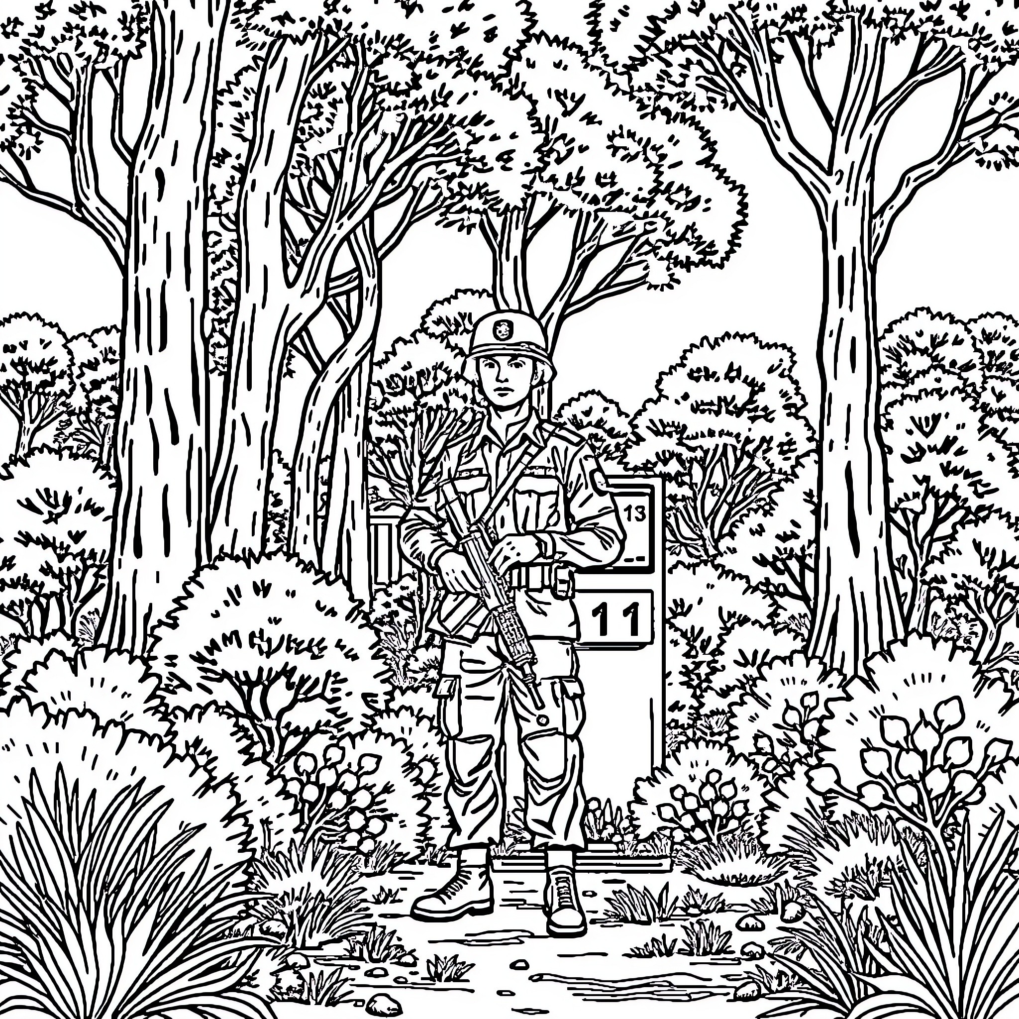 Soldier on patrol in lush forest setting Coloring Page (free black-and-white line drawing printable PDF for all, from beginners to advanced learners, including children, teens, adults, and seniors)