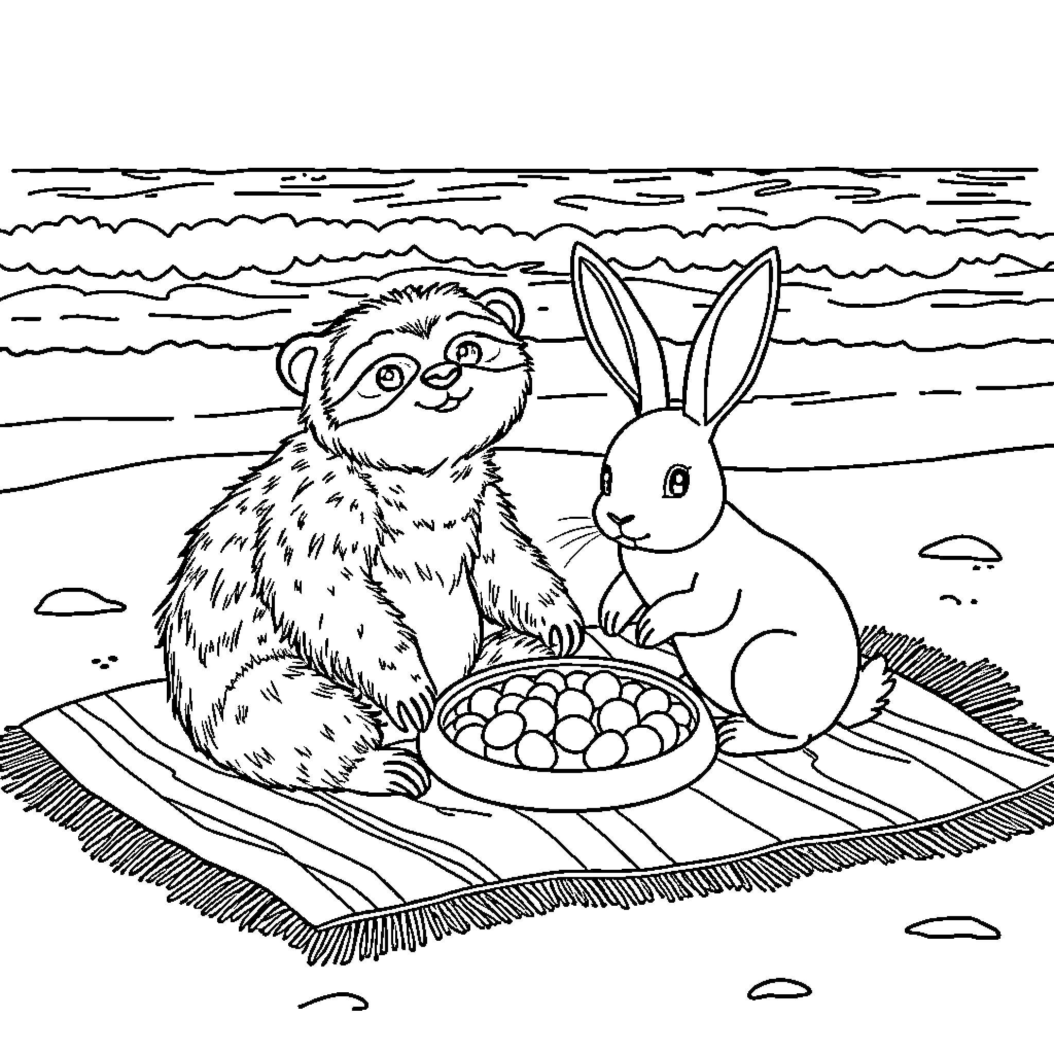 Sloth and Rabbit Enjoying a Picnic by the Lake Coloring Page (free black-and-white line drawing printable PDF for all, from beginners to advanced learners, including children, teens, adults, and seniors)