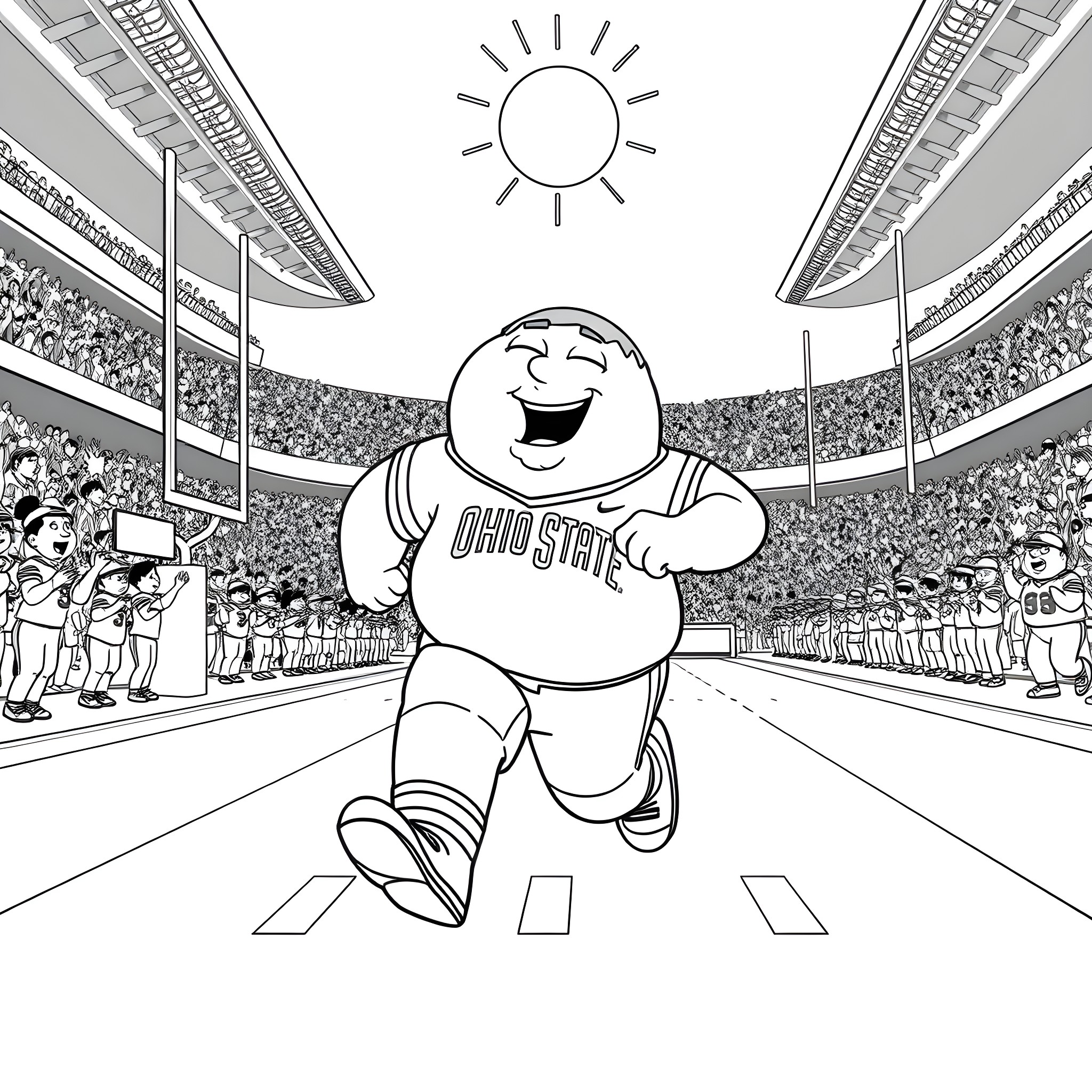 Peter Griffin enthusiastically running on the track Coloring Page (free black-and-white line drawing printable PDF for all, from beginners to advanced learners, including children, teens, adults, and seniors)