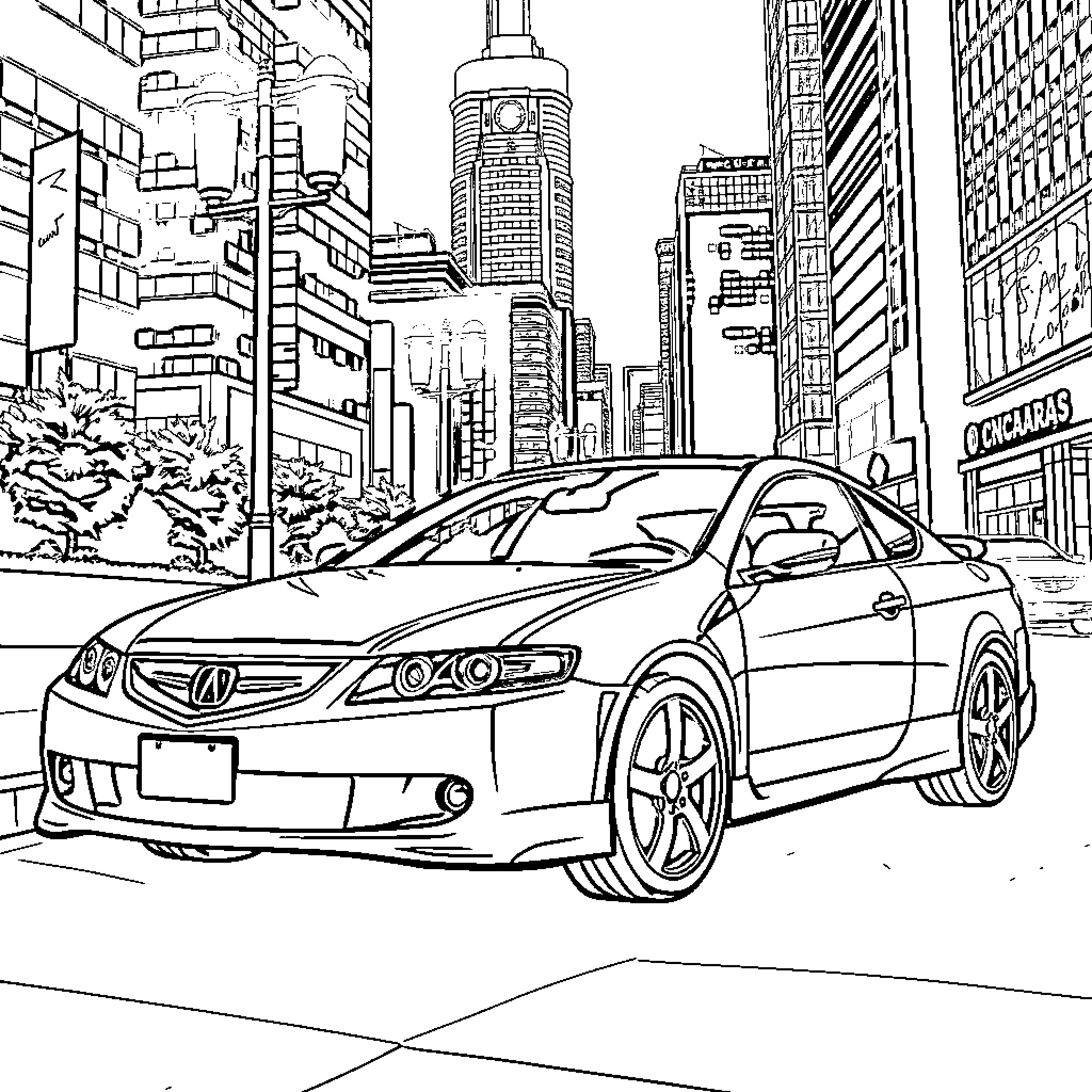 Acura sports car in the city Coloring Page (free black-and-white line drawing printable PDF for all, from beginners to advanced learners, including children, teens, adults, and seniors)