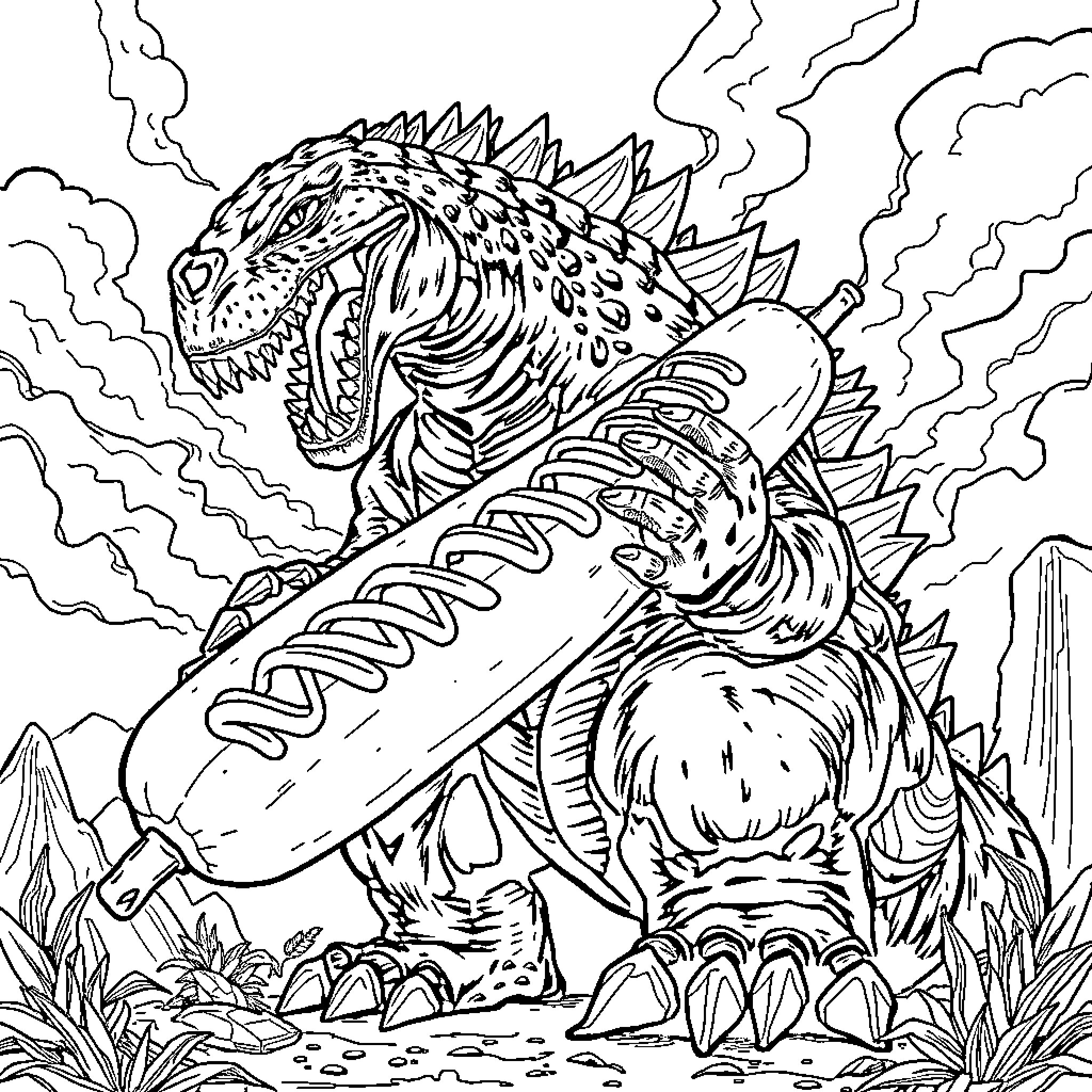 Godzilla Rampaging Through the Rugged Terrain Coloring Page (free black-and-white line drawing printable PDF for all, from beginners to advanced learners, including children, teens, adults, and seniors)