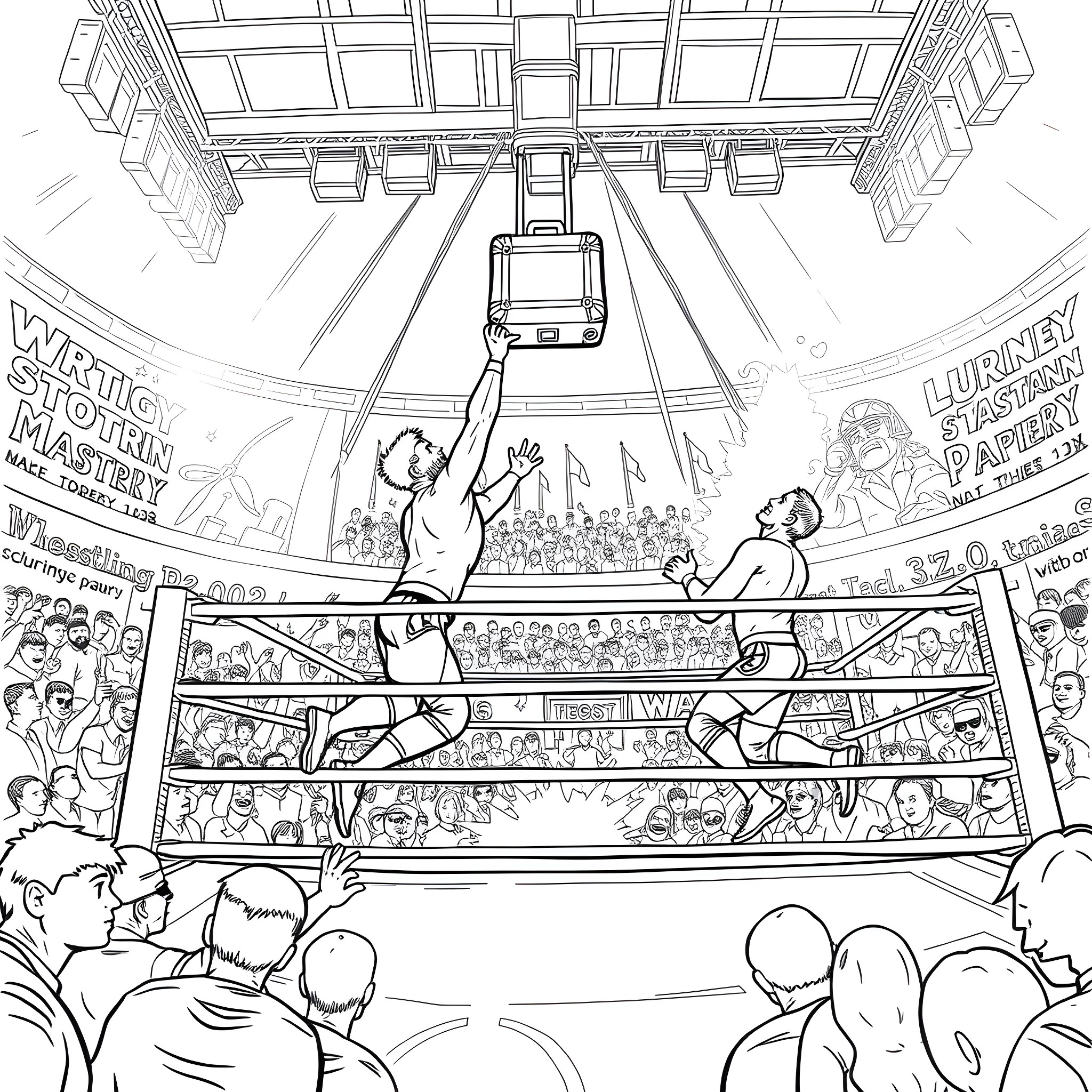 Wrestling match with intense expressions and action Coloring Page (free black-and-white line drawing printable PDF for all, from beginners to advanced learners, including children, teens, adults, and seniors)