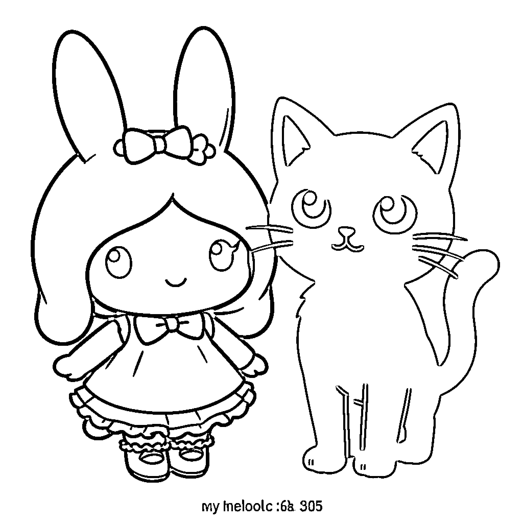 My Melody: Cute Girl and Cat Friends Coloring Page (free black-and-white line drawing printable PDF for all, from beginners to advanced learners, including children, teens, adults, and seniors)