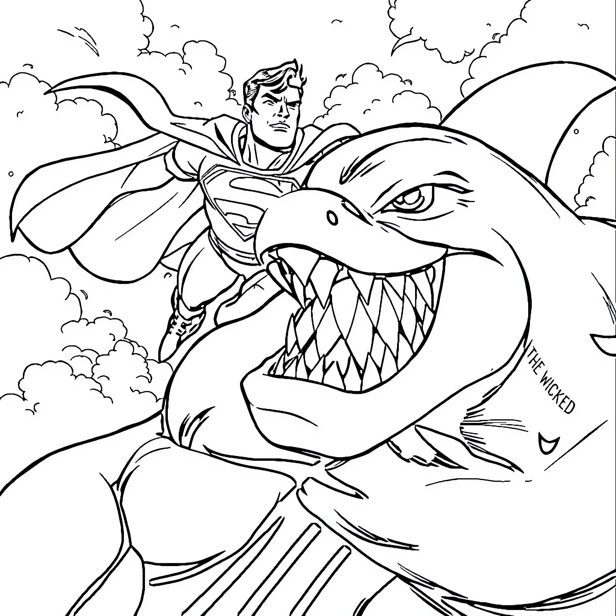 Superman saving the world from a fierce dragon Coloring Page (free black-and-white line drawing printable PDF for all, from beginners to advanced learners, including children, teens, adults, and seniors)
