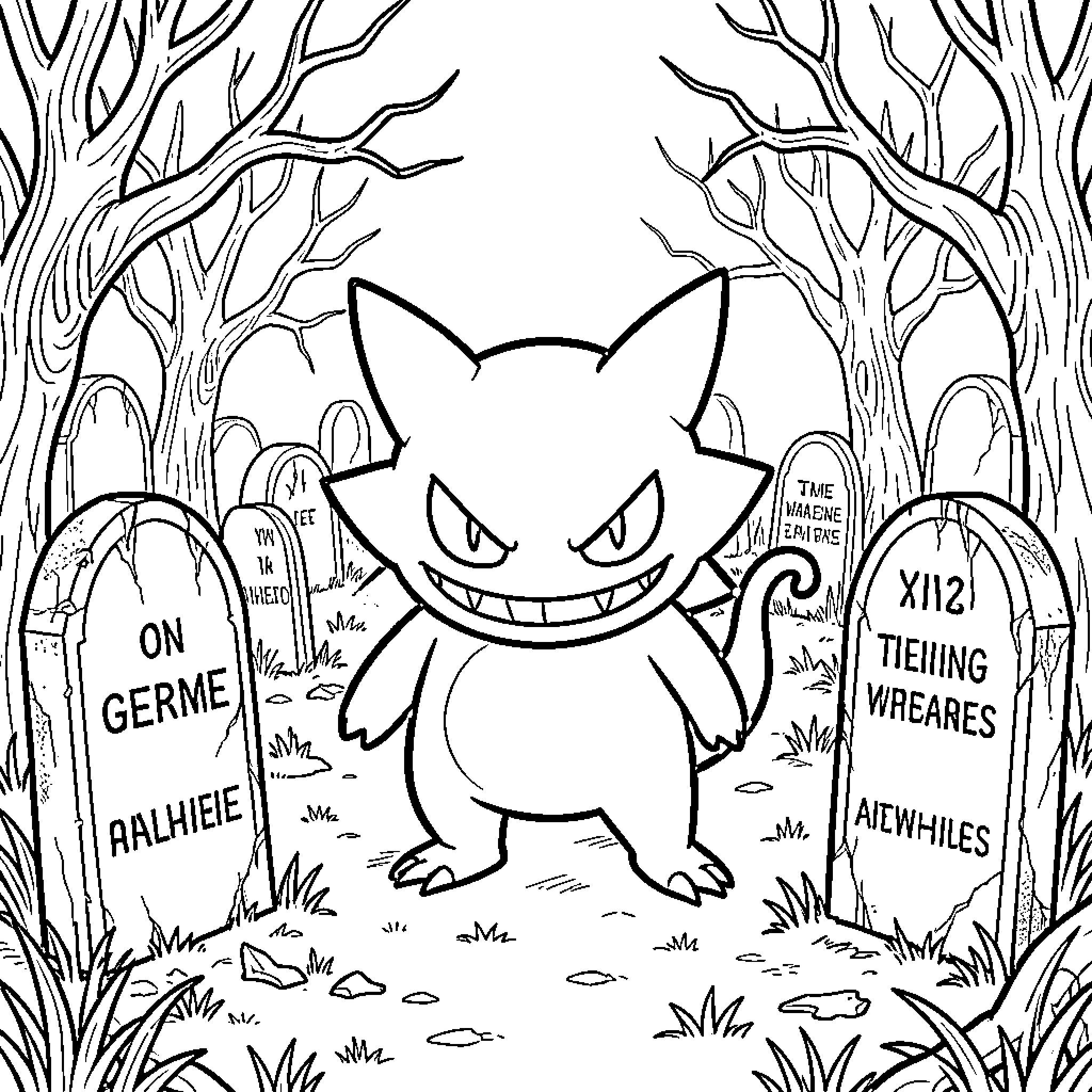 Gengar haunting a spooky graveyard Coloring Page (free black-and-white line drawing printable PDF for all, from beginners to advanced learners, including children, teens, adults, and seniors)