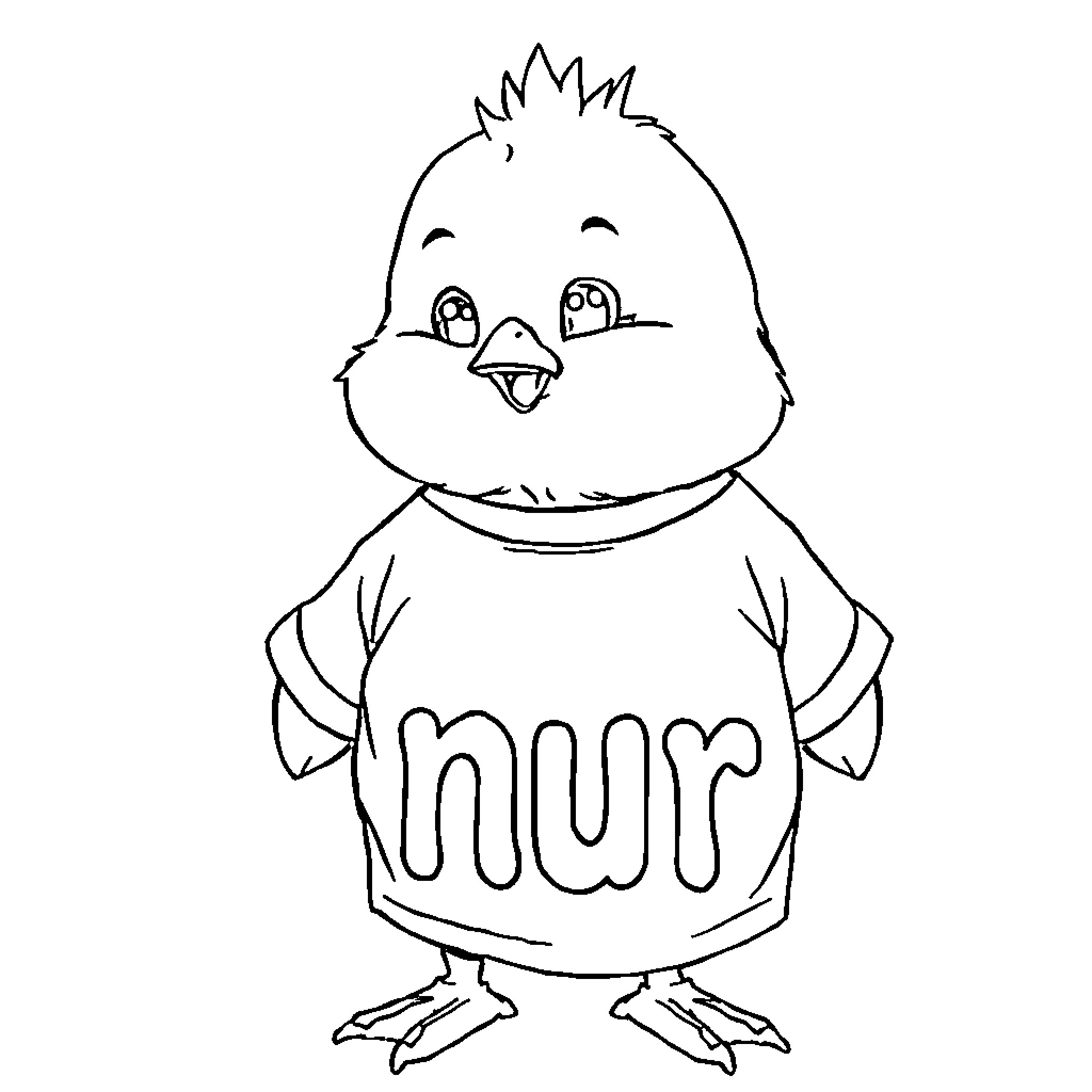 Pau the happy chick in a cozy outfit Coloring Page (free black-and-white line drawing printable PDF for all, from beginners to advanced learners, including children, teens, adults, and seniors)