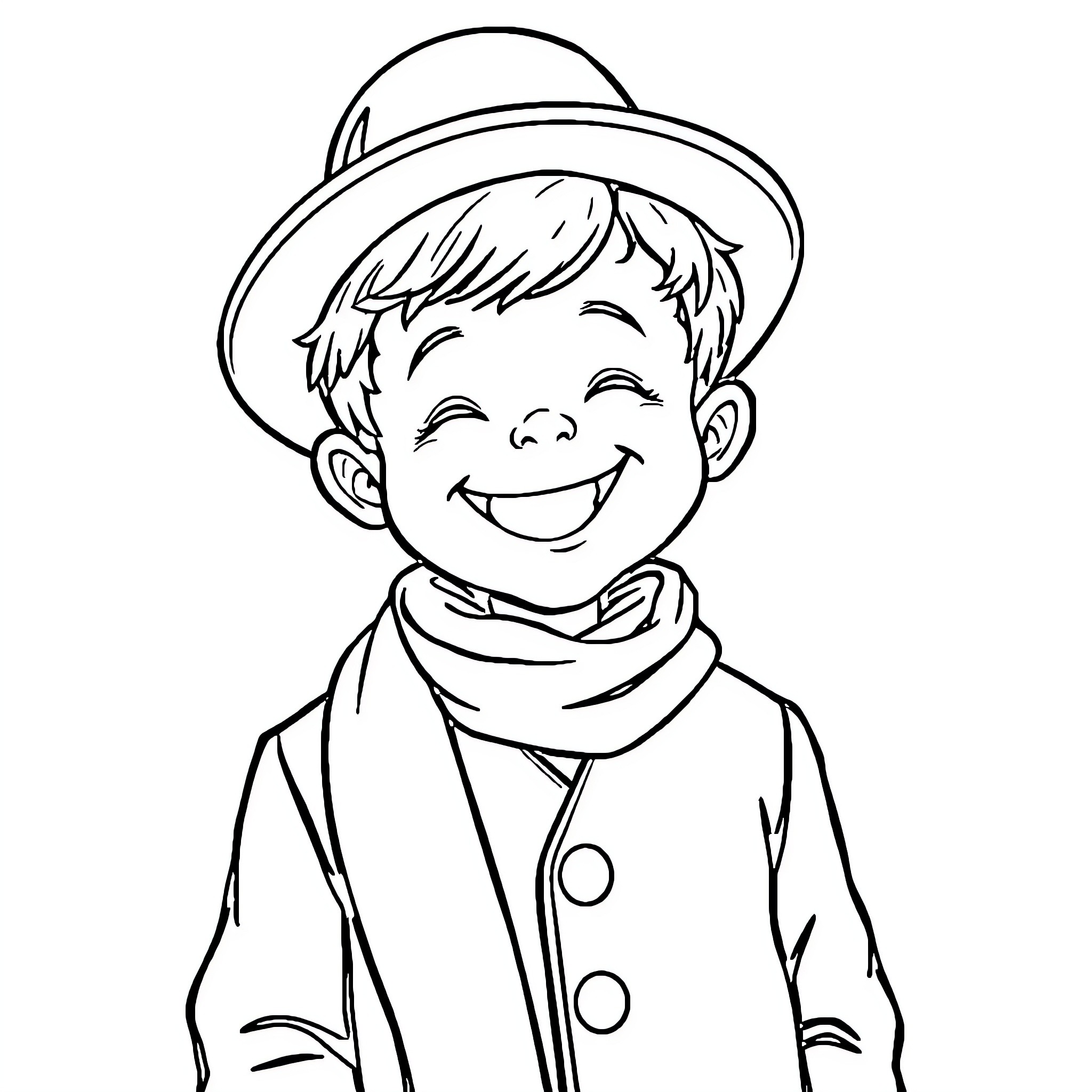 Hassidic Boy Smiling Joyfully in Traditional Attire Coloring Page (free black-and-white line drawing printable PDF for all, from beginners to advanced learners, including children, teens, adults, and seniors)