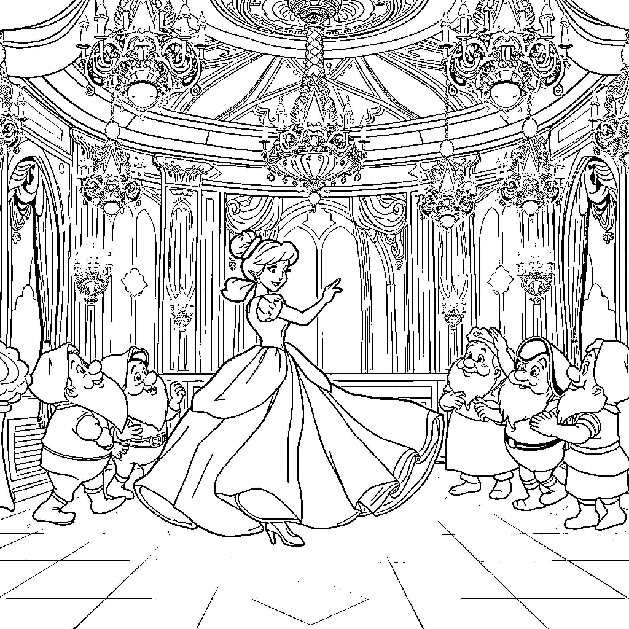 Cinderella's magical ball scene with fairy tale characters Coloring Page (free black-and-white line drawing printable PDF for all, from beginners to advanced learners, including children, teens, adults, and seniors)