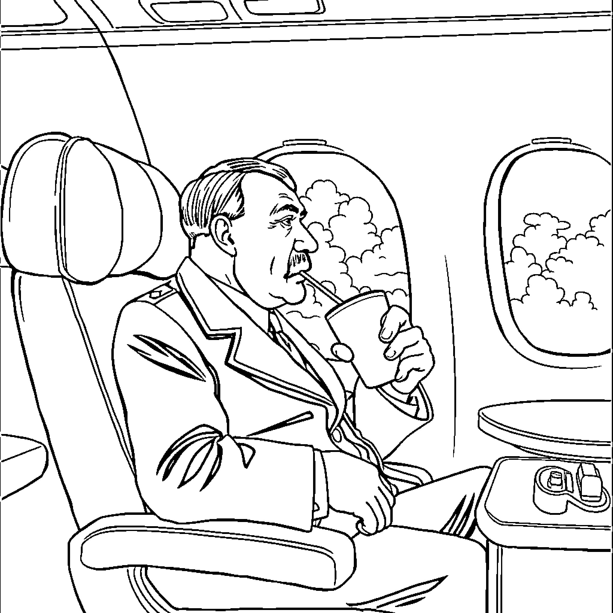 Adolf Hitler speaking intently in an aircraft cabin Coloring Page (free black-and-white line drawing printable PDF for all, from beginners to advanced learners, including children, teens, adults, and seniors)