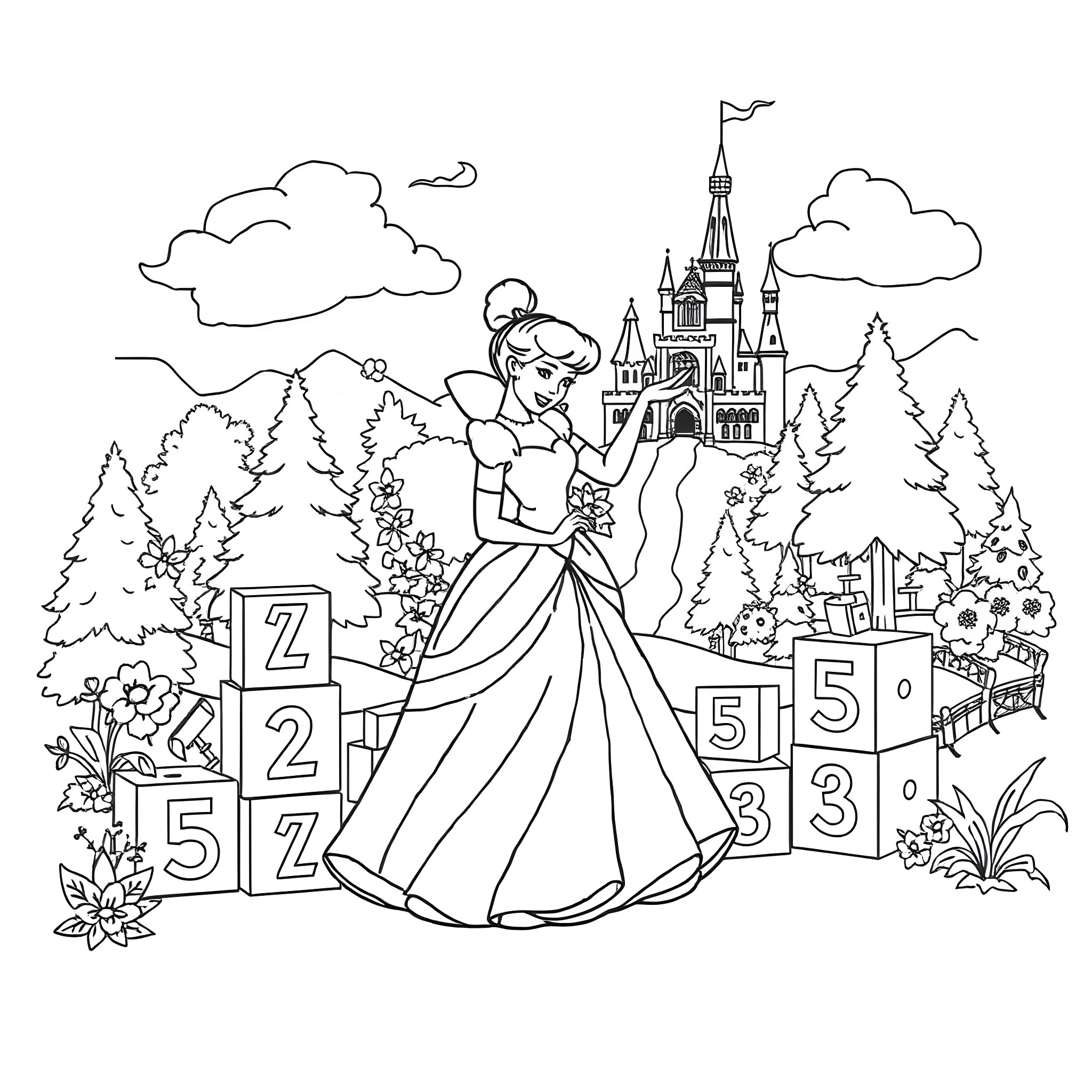 Cinderella's joyful journey to the castle Coloring Page (free black-and-white line drawing printable PDF for all, from beginners to advanced learners, including children, teens, adults, and seniors)