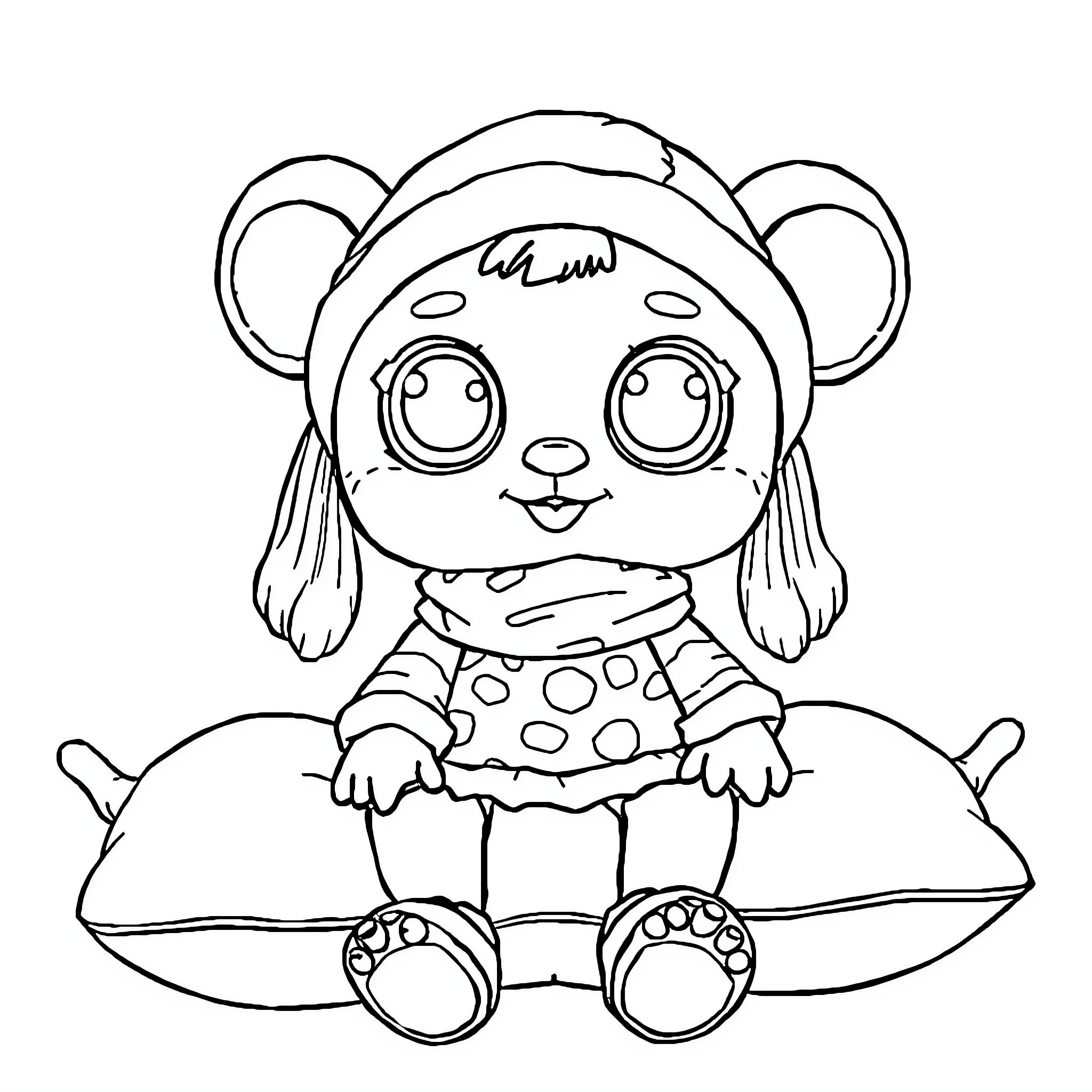Labubu sitting on a pillow with big eyes Coloring Page (free black-and-white line drawing printable PDF for all, from beginners to advanced learners, including children, teens, adults, and seniors)