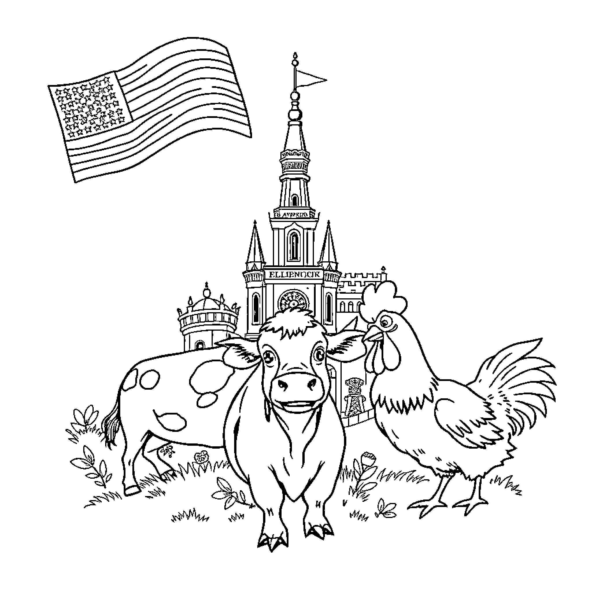 T-Shirt Featuring Farm Animals and American Flag Coloring Page (free black-and-white line drawing printable PDF for all, from beginners to advanced learners, including children, teens, adults, and seniors)