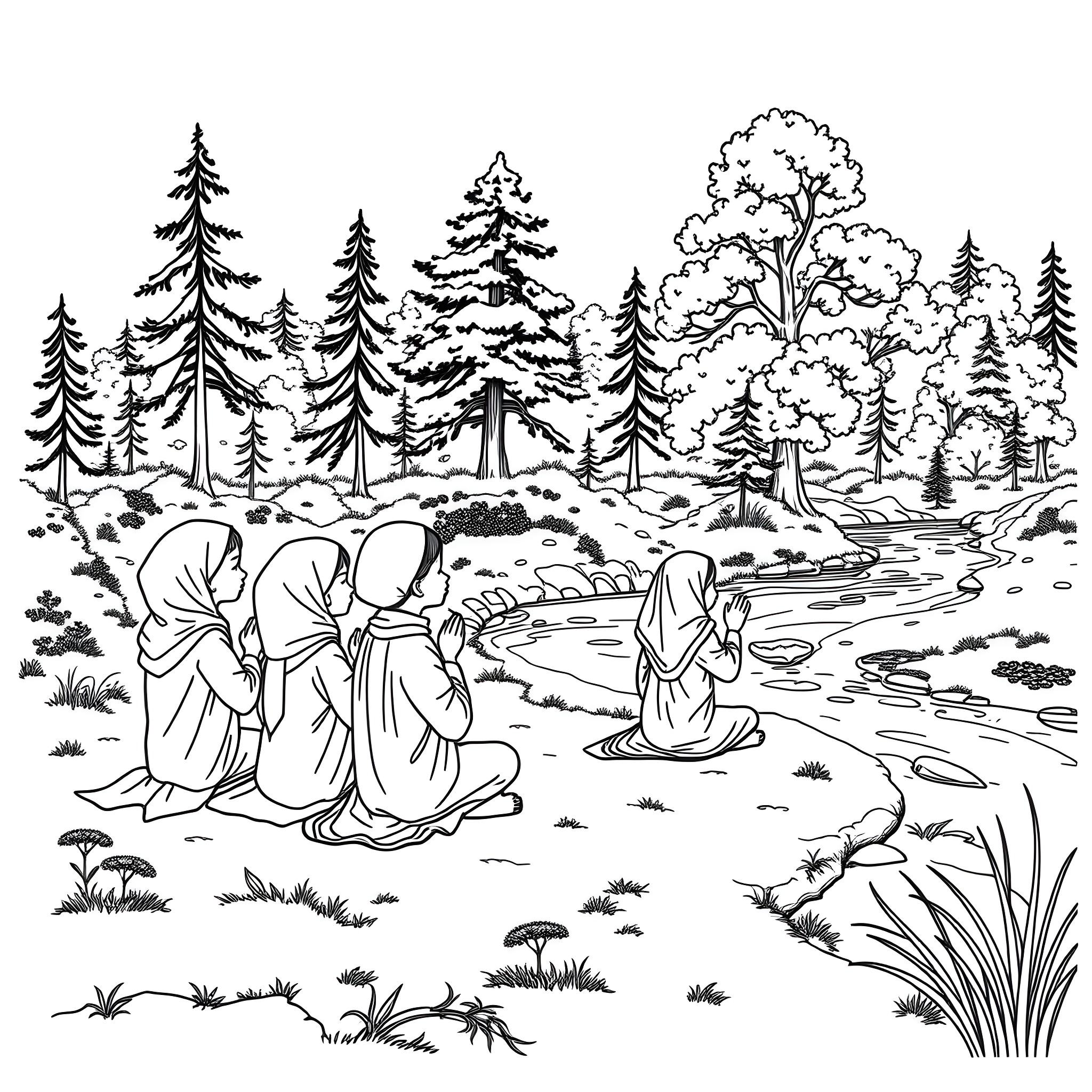 Child monks meditating in peaceful forest Coloring Page (free black-and-white line drawing printable PDF for all, from beginners to advanced learners, including children, teens, adults, and seniors)