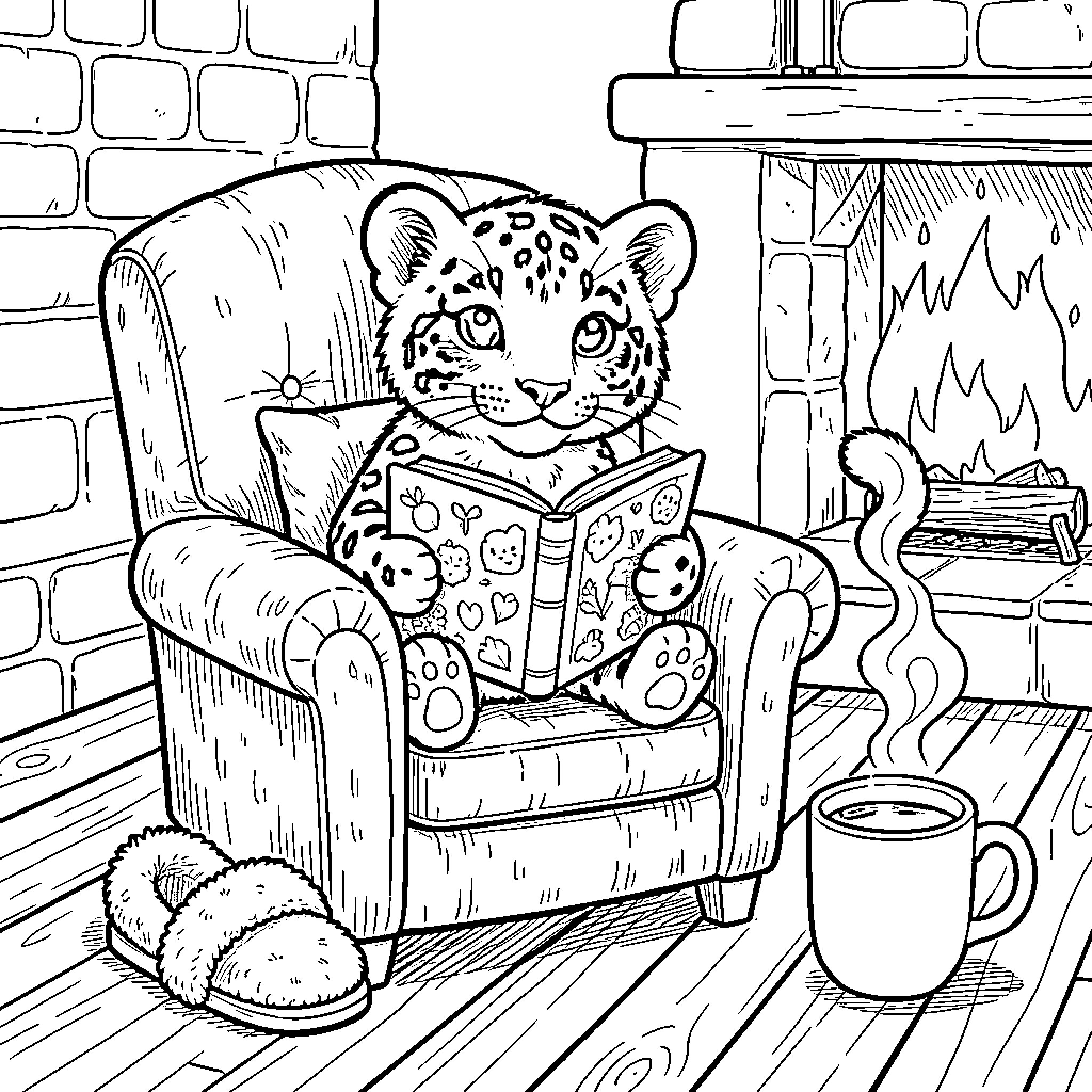 Baby Snow Leopard reading a book by the fireplace Coloring Page (free black-and-white line drawing printable PDF for all, from beginners to advanced learners, including children, teens, adults, and seniors)
