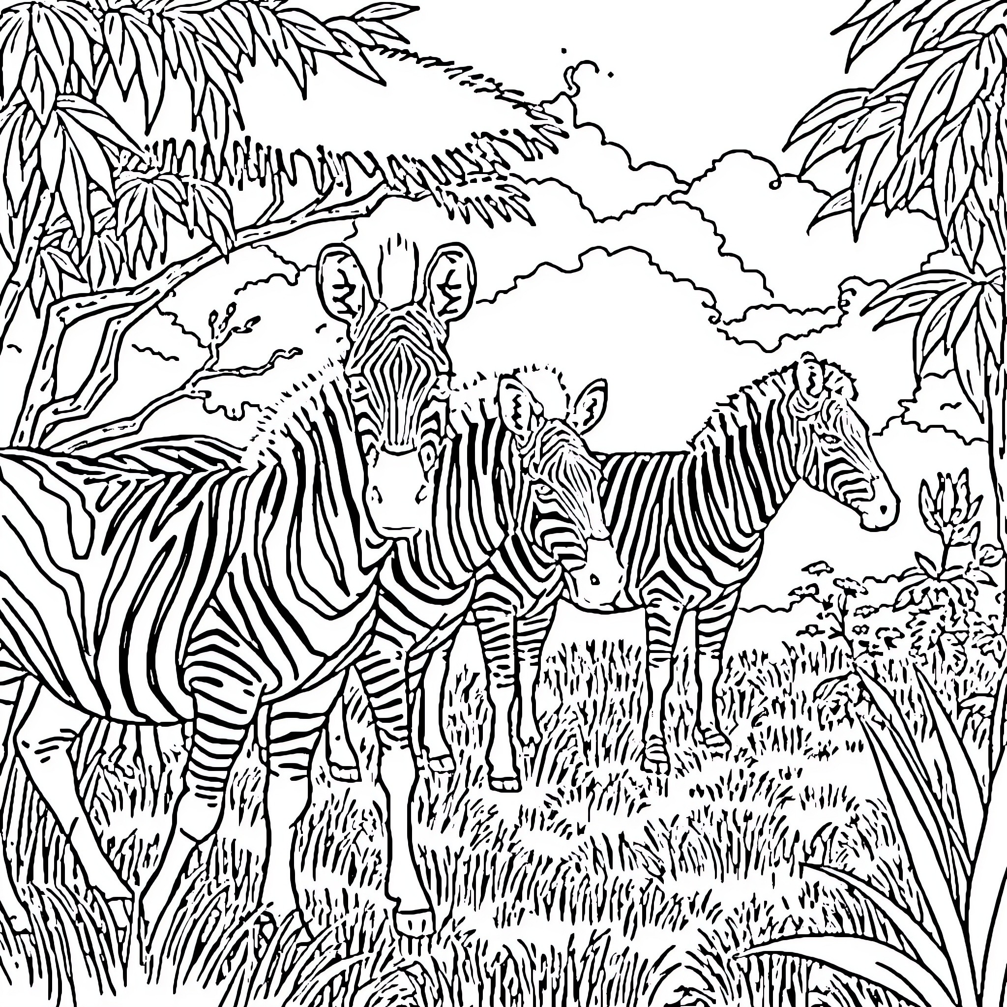 Zebras grazing peacefully in the savanna Coloring Page (free black-and-white line drawing printable PDF for all, from beginners to advanced learners, including children, teens, adults, and seniors)