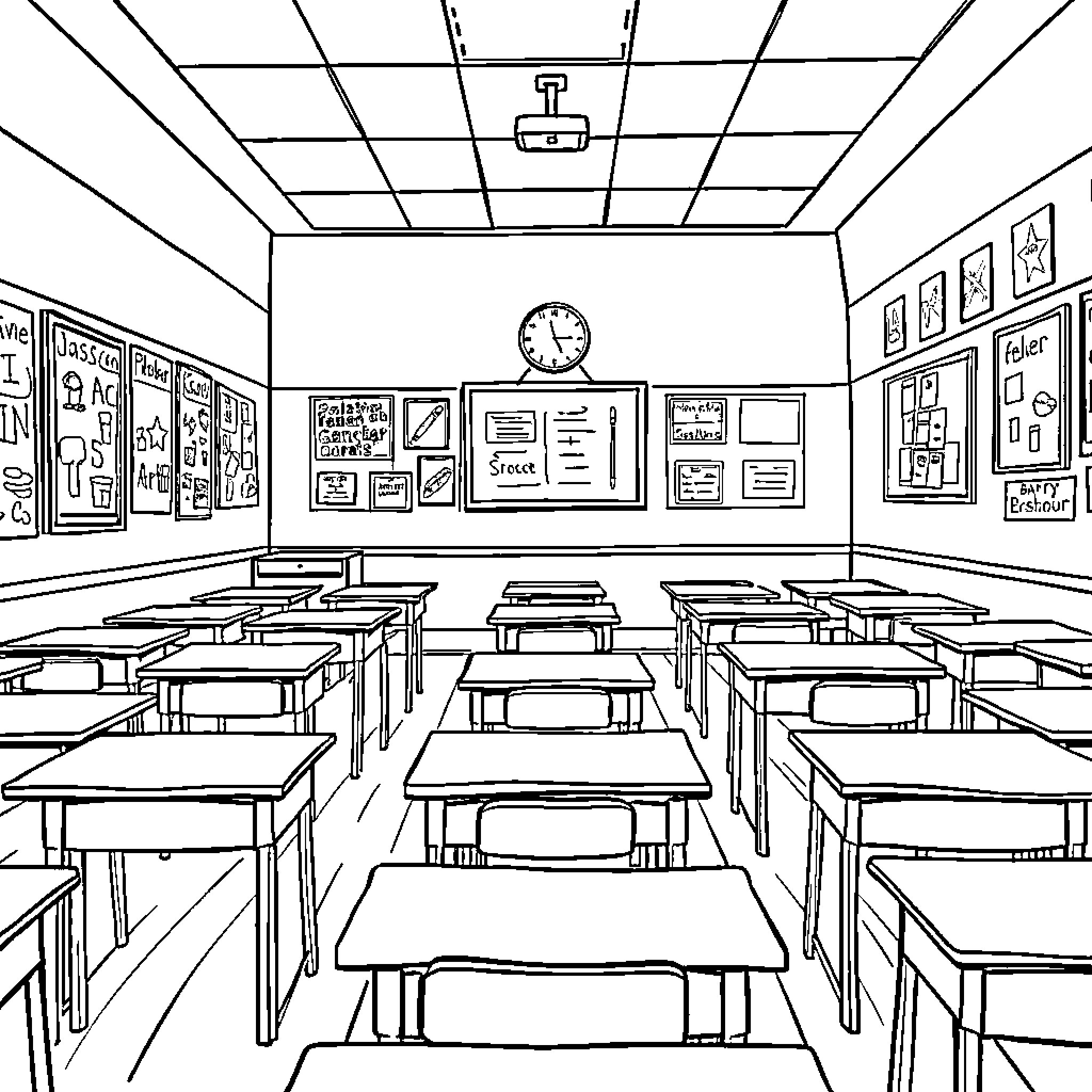 Classroom with Desks and Educational Displays Coloring Page (free black-and-white line drawing printable PDF for all, from beginners to advanced learners, including children, teens, adults, and seniors)