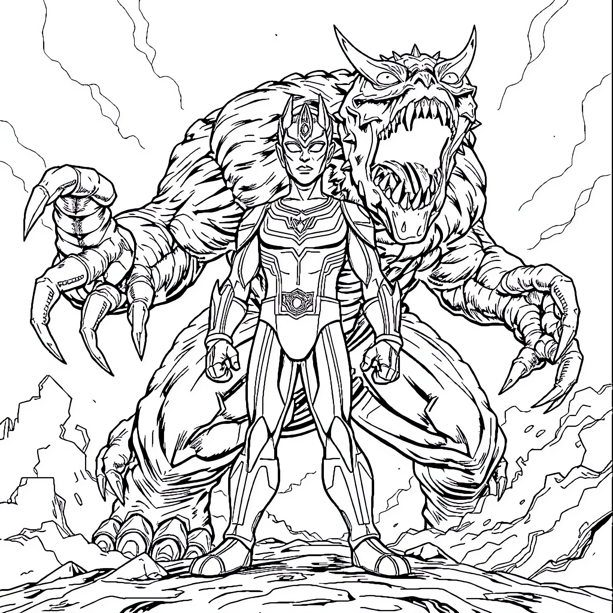 Ultraman battles a fierce monster with claws and fangs Coloring Page (free black-and-white line drawing printable PDF for all, from beginners to advanced learners, including children, teens, adults, and seniors)
