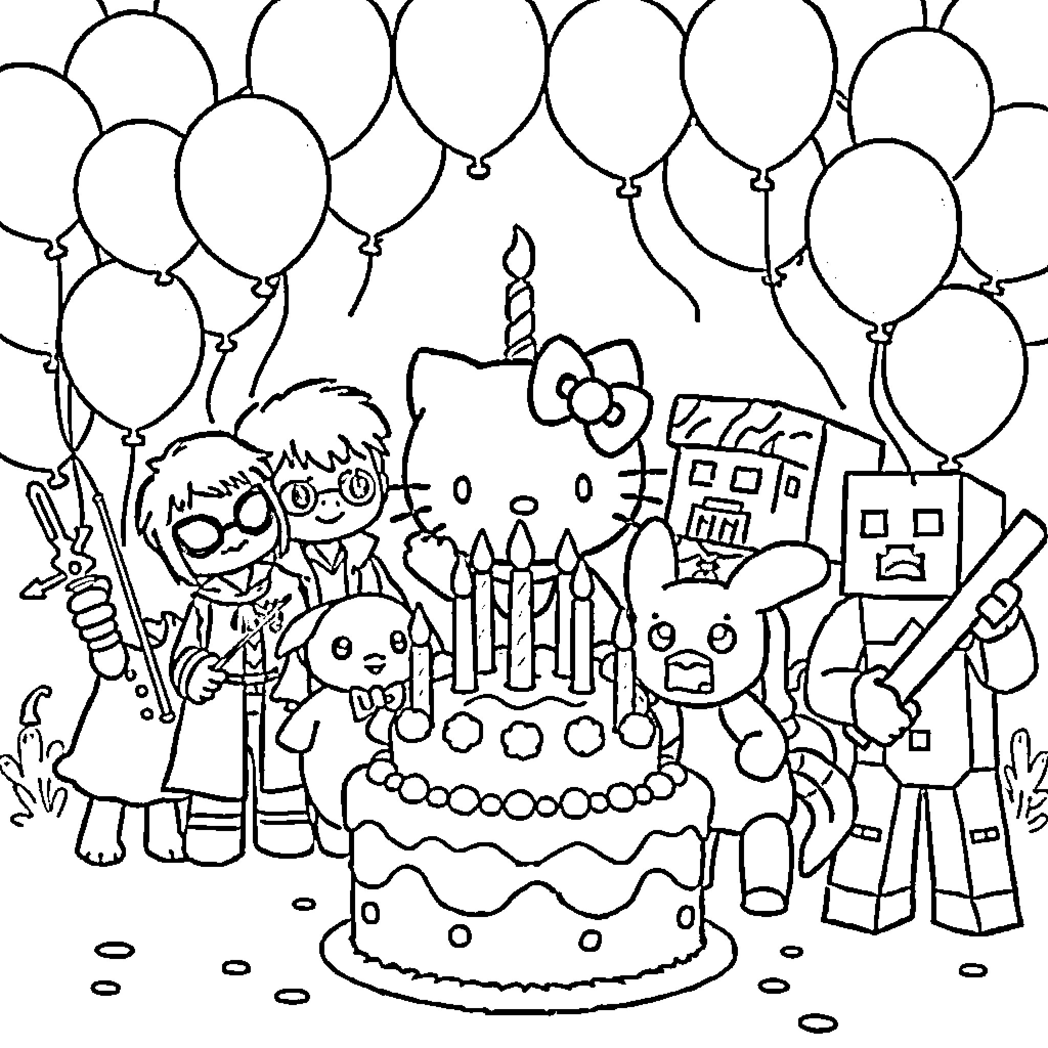Character Celebrating Birthday with Cake and Balloons Coloring Page (free black-and-white line drawing printable PDF for all, from beginners to advanced learners, including children, teens, adults, and seniors)