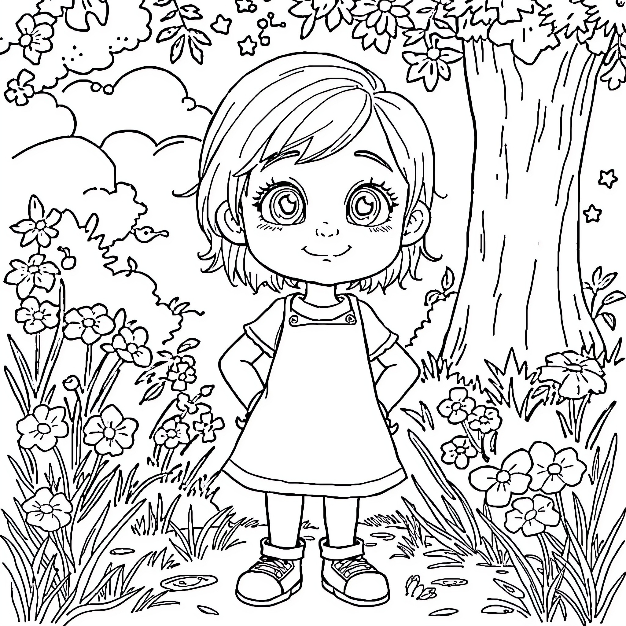 Girl in a Flowery Garden Coloring Page (free black-and-white line drawing printable PDF for all, from beginners to advanced learners, including children, teens, adults, and seniors)
