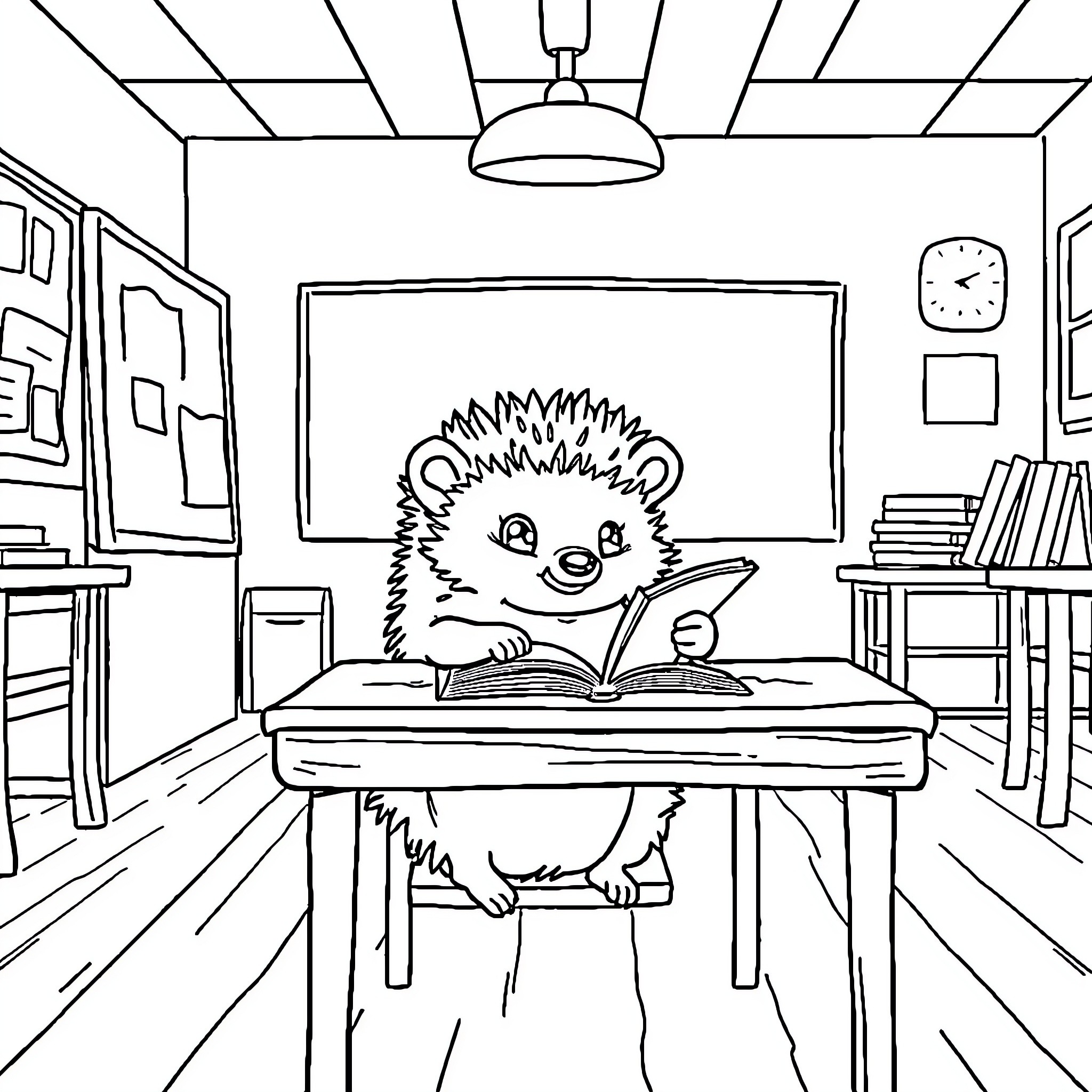 Hedgehog studying diligently at a desk Coloring Page (free black-and-white line drawing printable PDF for all, from beginners to advanced learners, including children, teens, adults, and seniors)