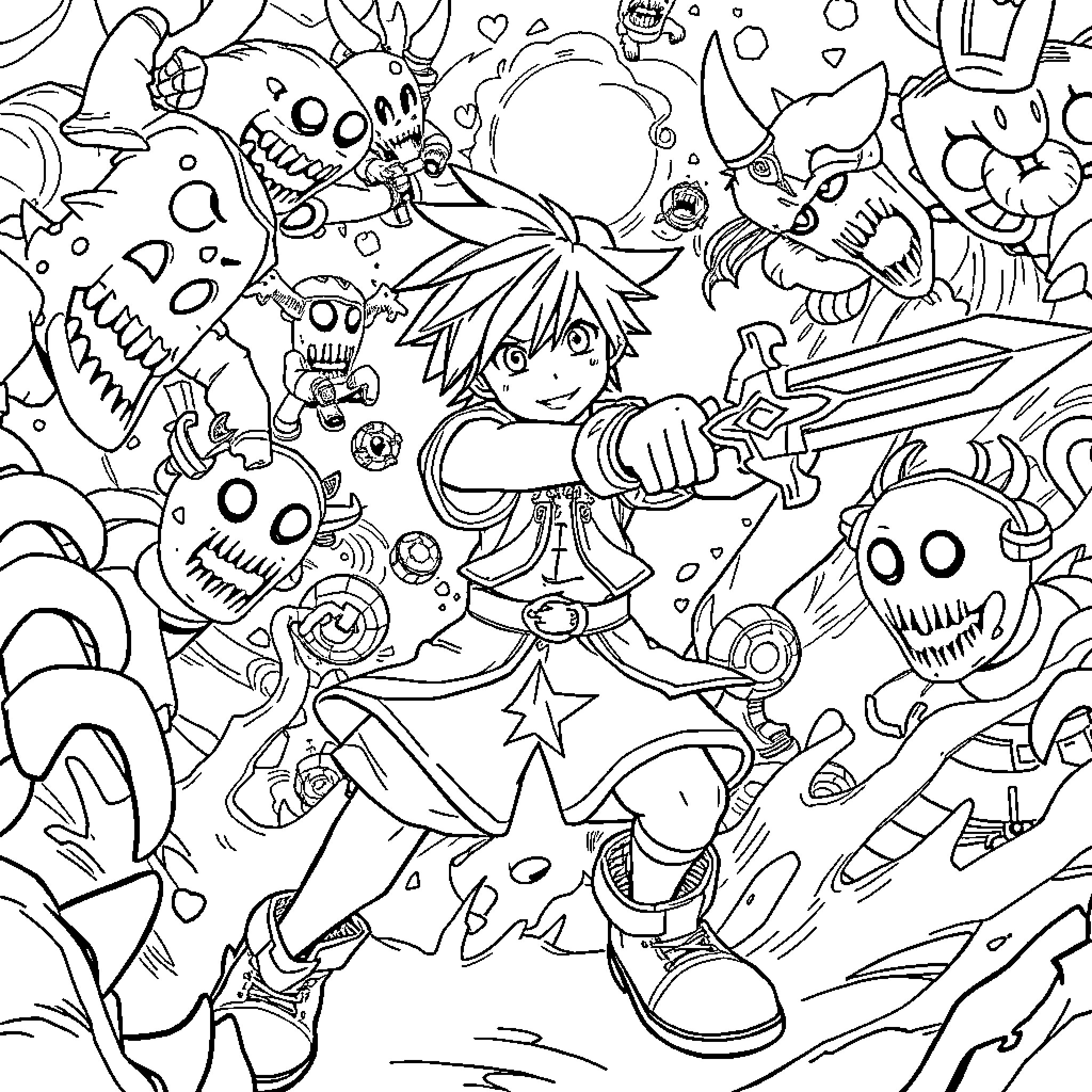Sora's Adventurous Journey through a Whimsical World Coloring Page (free black-and-white line drawing printable PDF for all, from beginners to advanced learners, including children, teens, adults, and seniors)
