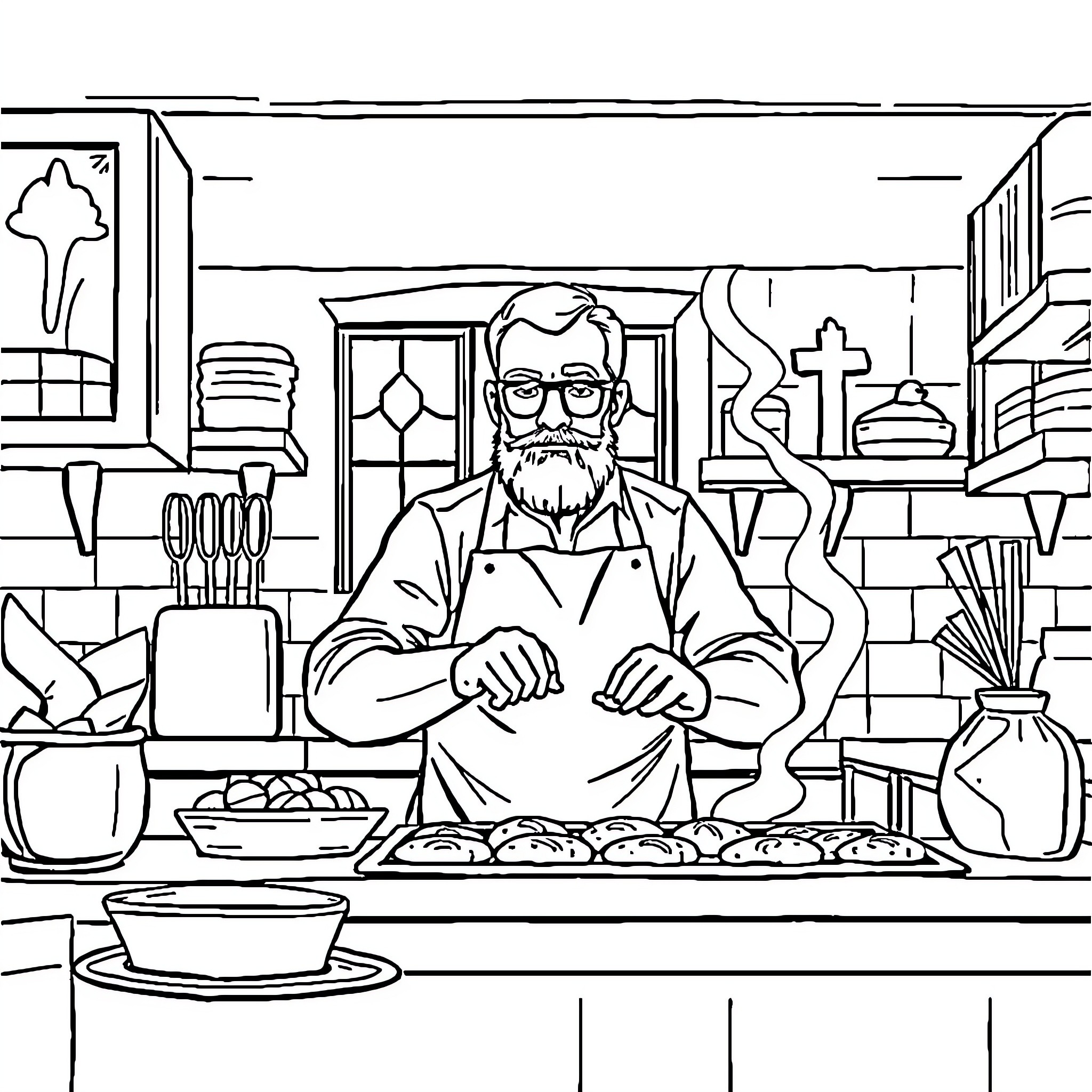 Heisenberg prepares a meal in his kitchen Coloring Page (free black-and-white line drawing printable PDF for all, from beginners to advanced learners, including children, teens, adults, and seniors)