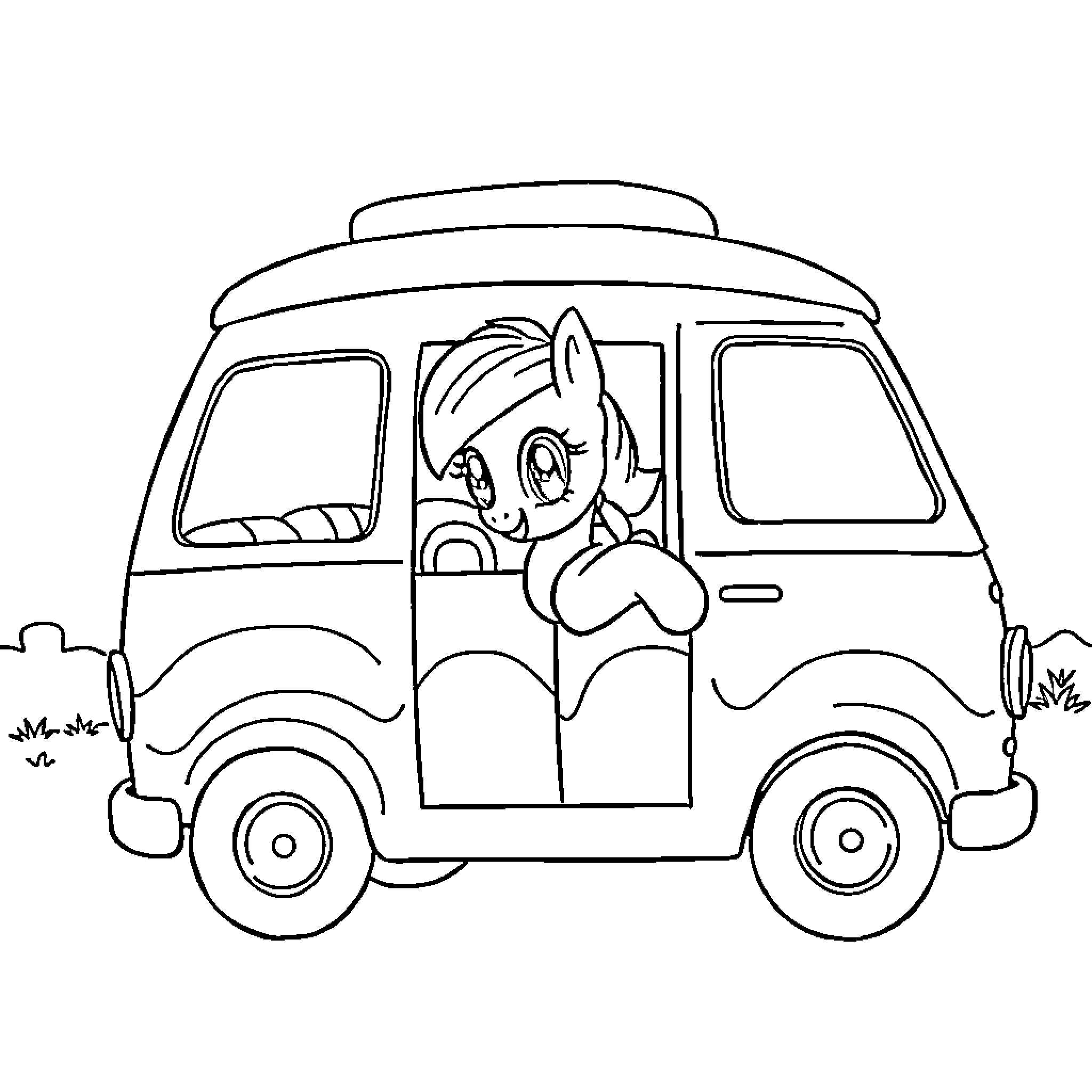 Pony riding a camper van on the road Coloring Page (free black-and-white line drawing printable PDF for all, from beginners to advanced learners, including children, teens, adults, and seniors)