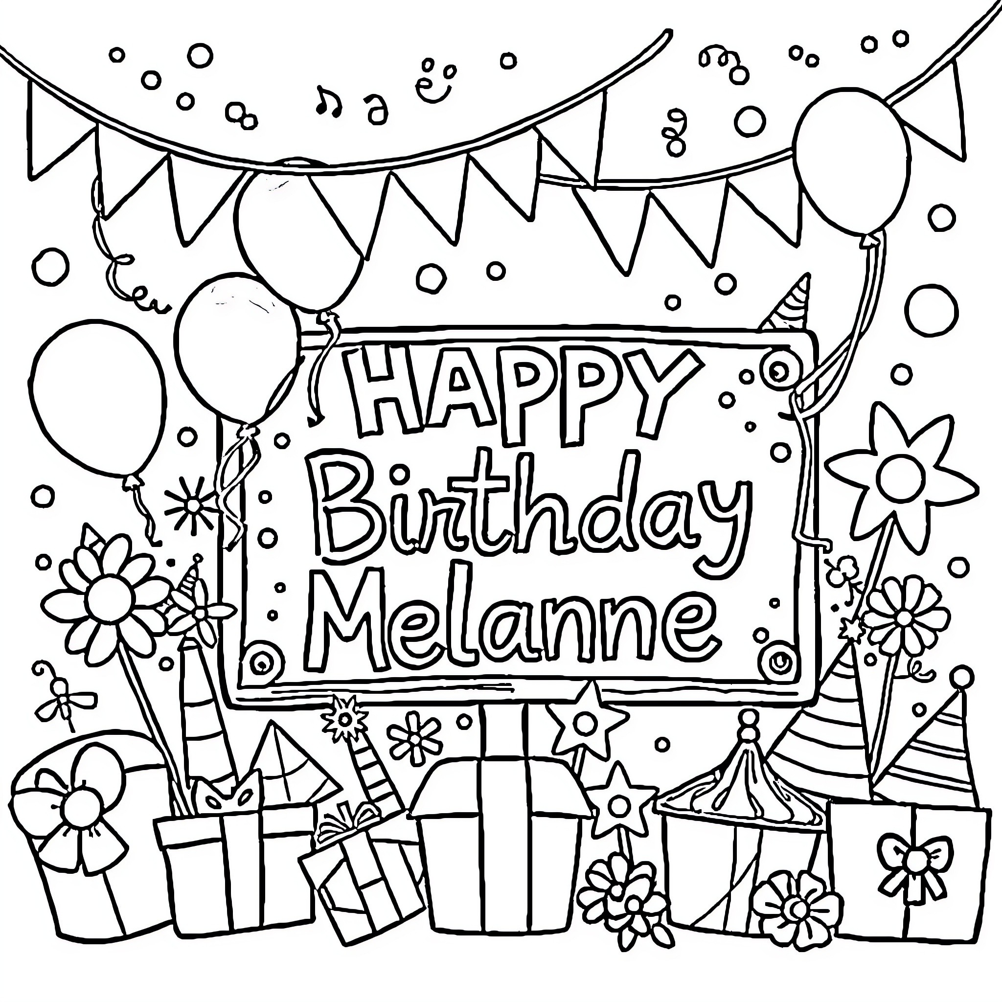Birthday Sign with Celebration Elements Coloring Page (free black-and-white line drawing printable PDF for all, from beginners to advanced learners, including children, teens, adults, and seniors)